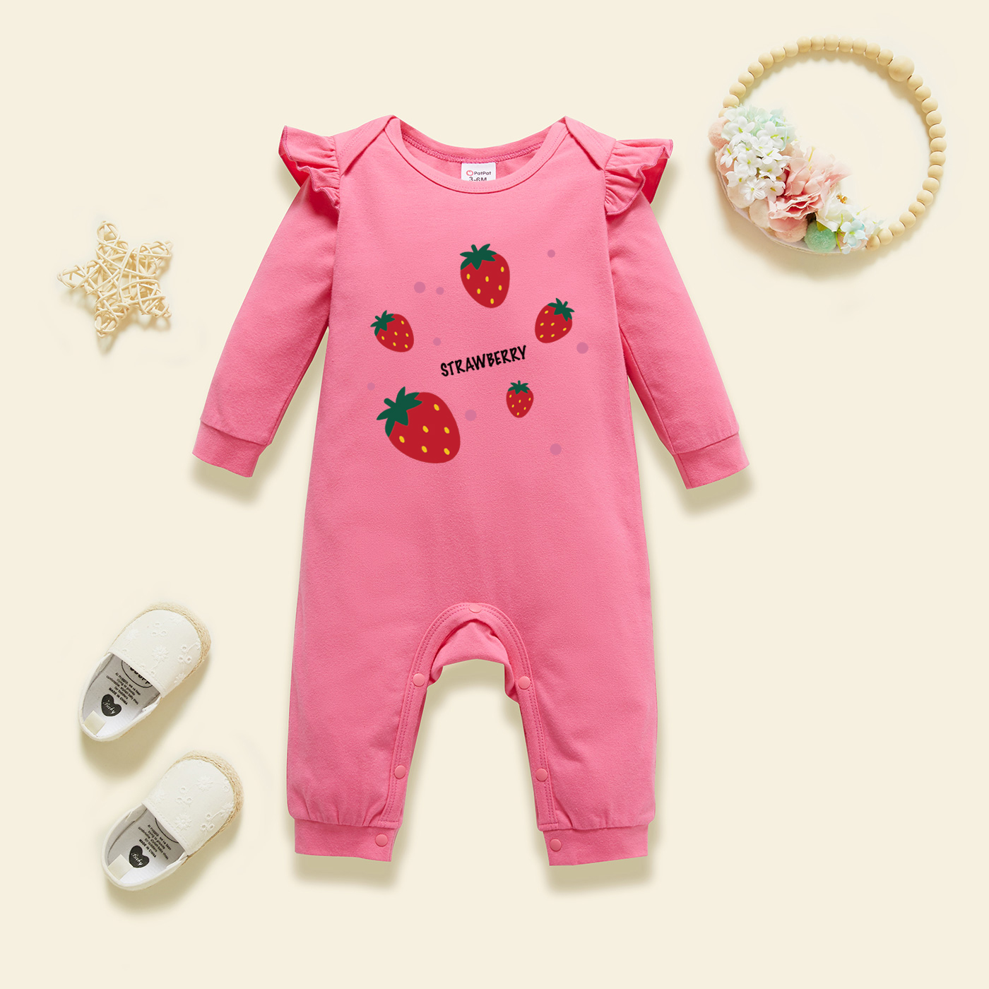 

Baby Graphic Flutter-sleeve Beige Long-sleeve Jumpsuit