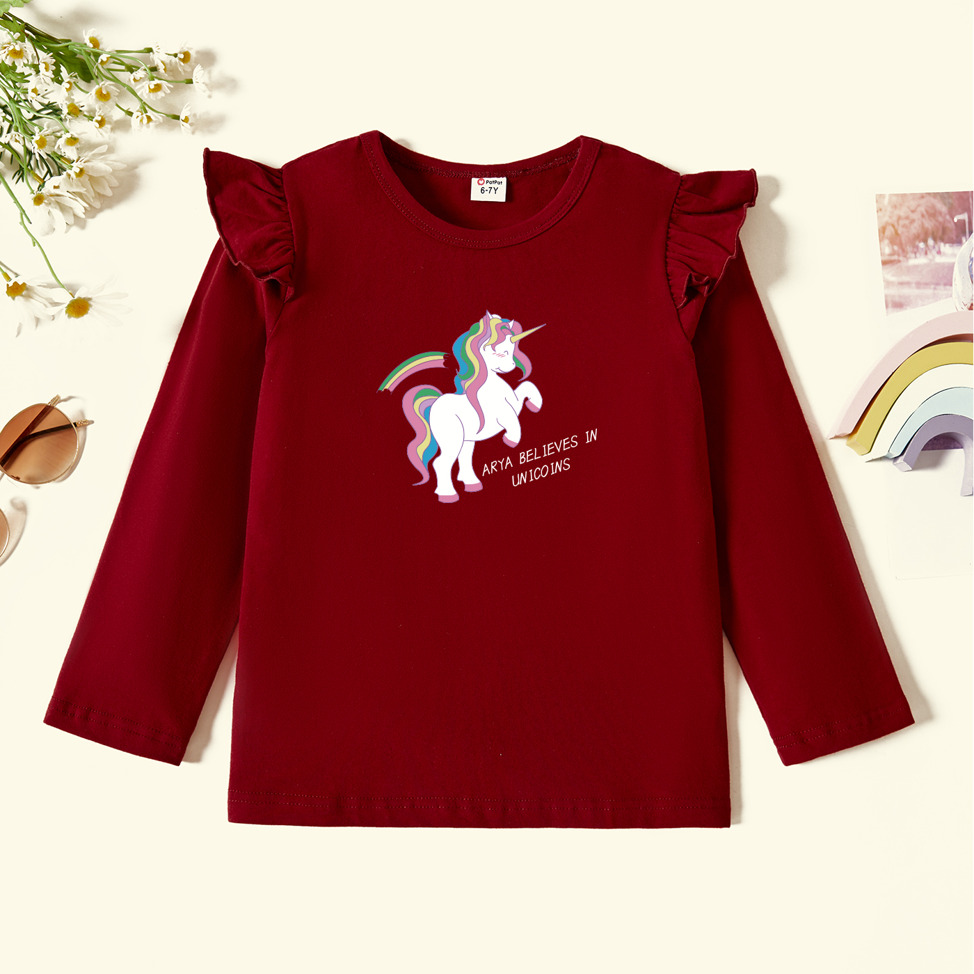 

Kids Graphic Flutter-sleeve Burgundy Long-sleeve Tee