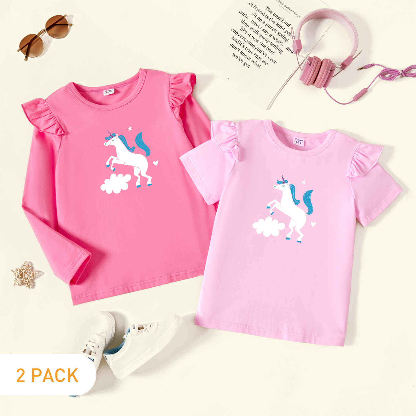 

2-Pack Kids Girl Graphic Flutter-sleeve Tee Set