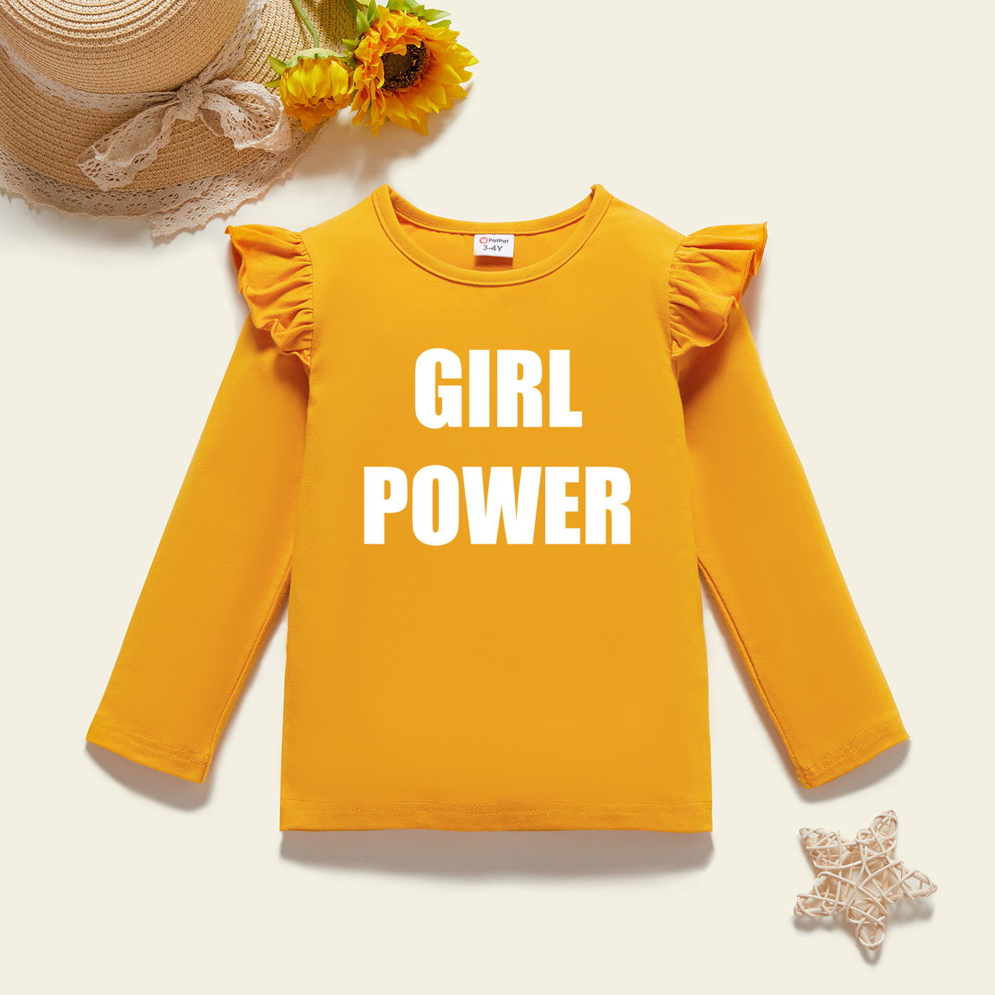 

Toddler Graphic Flutter-sleeve Beige Long-sleeve Tee