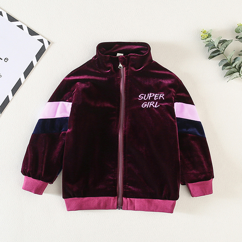 

Toddler Girl Stand Collar Letter Embroidery Colorblock Zipper Velvet Jacket Coat