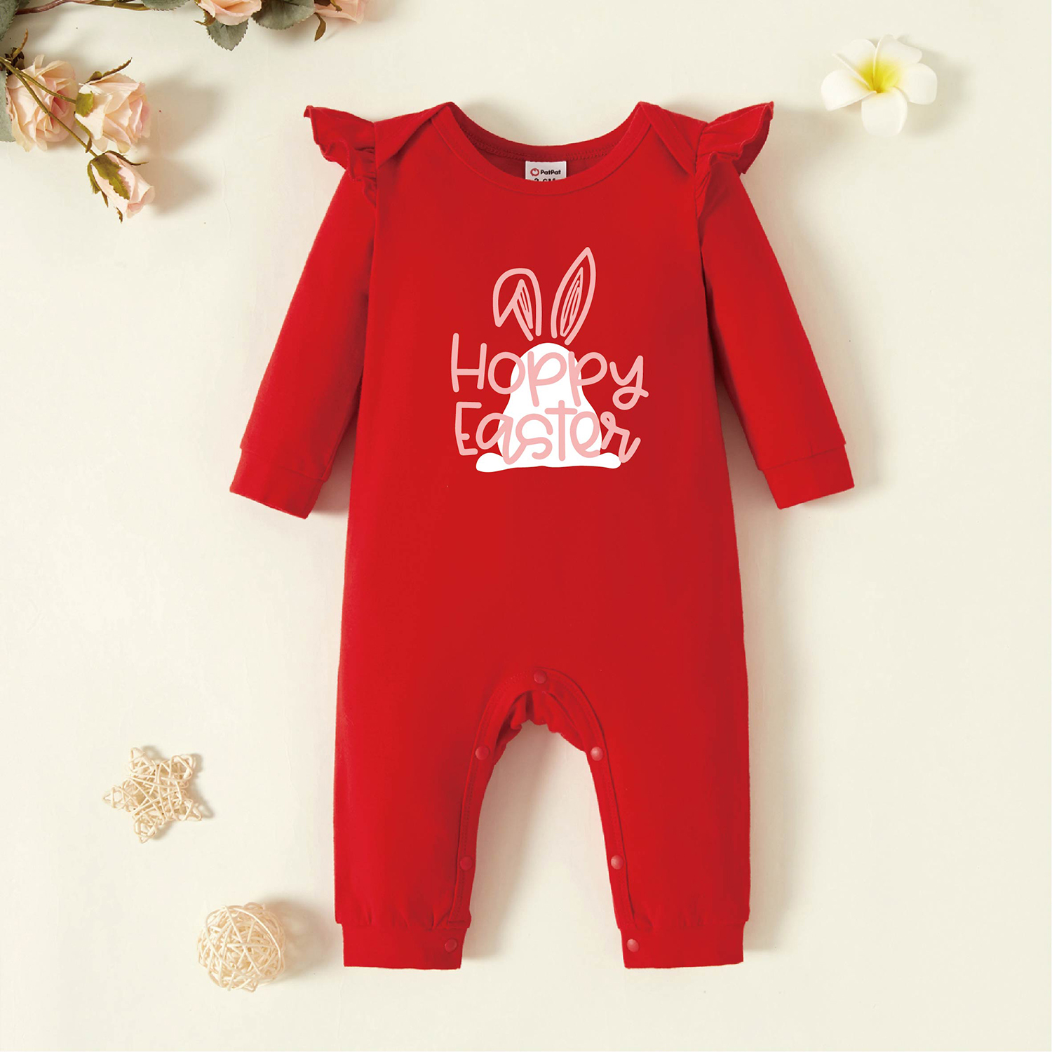

Baby Graphic Flutter-sleeve Beige Long-sleeve Jumpsuit