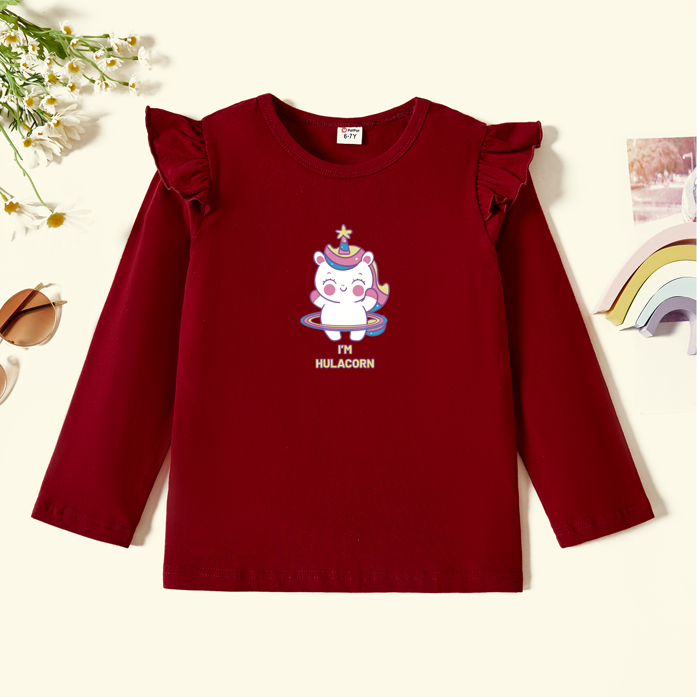 

Kids Graphic Flutter-sleeve Burgundy Long-sleeve Tee