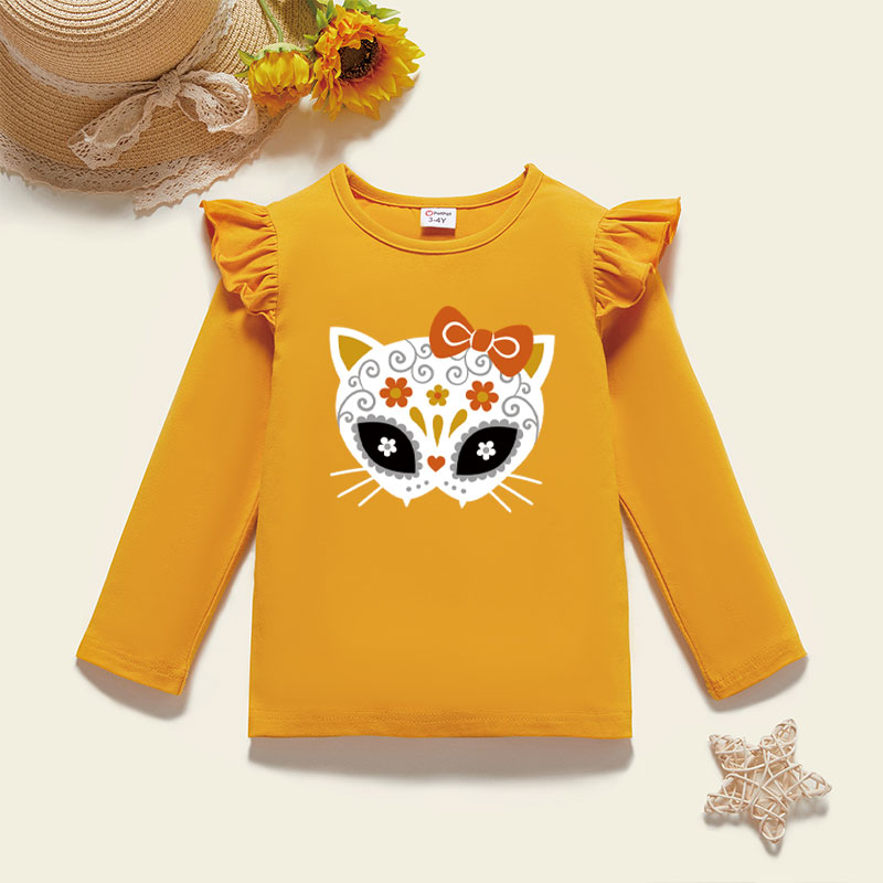 

Toddler Girl Graphic Cat Print Ruffled Long-sleeve Tee