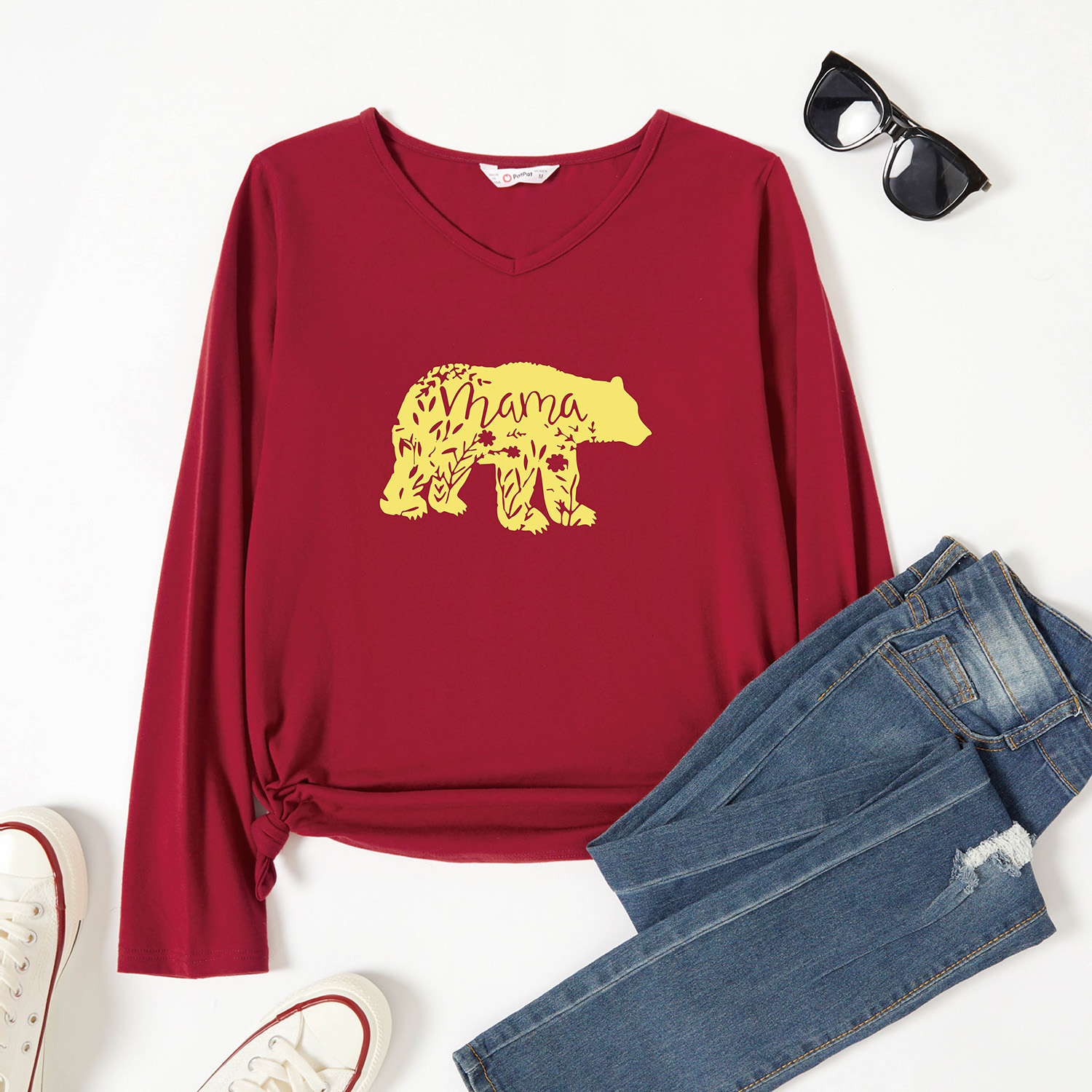 

Graphic White Long-sleeve V Neck Tee for Women