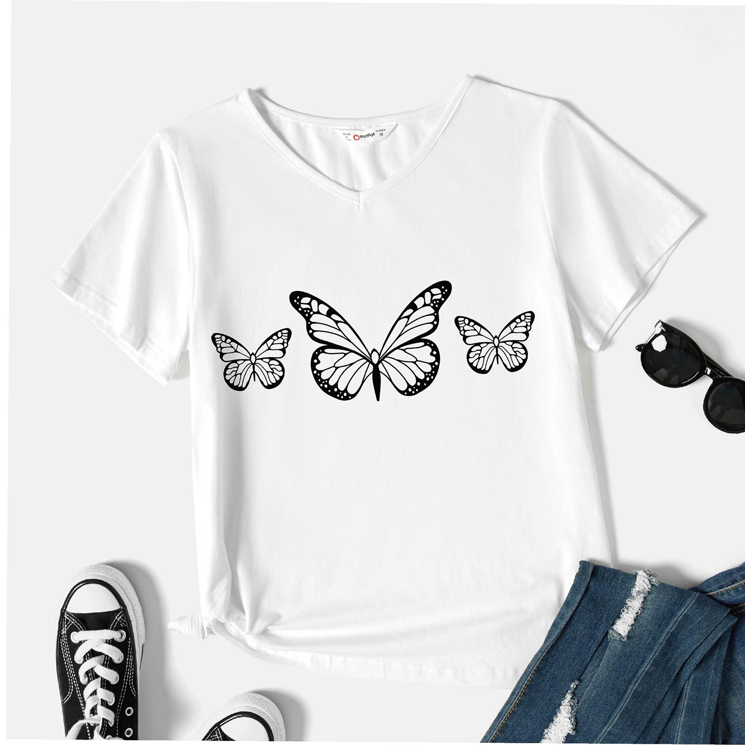 

Women Graphic Butterfly Print V Neck Short-sleeve Tee