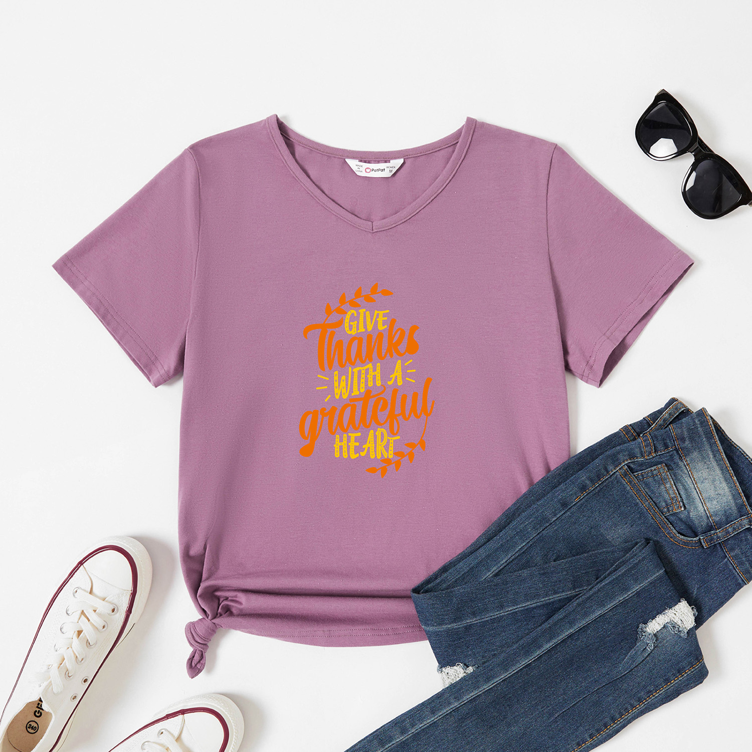 

Graphic Lavender Purple Short-sleeve V Neck Tee for Women