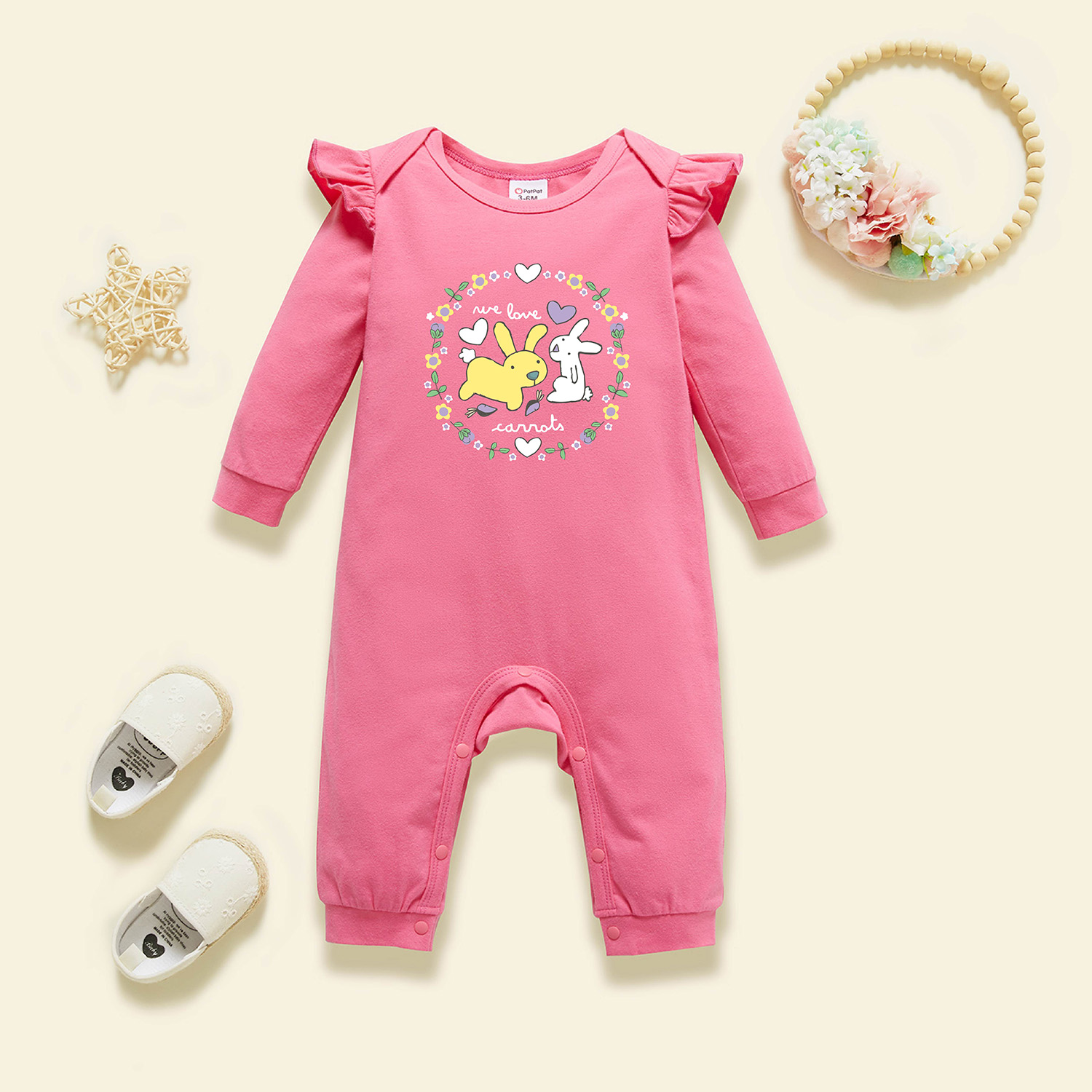 

Baby Graphic Flutter-sleeve Deep pink Long-sleeve Jumpsuit