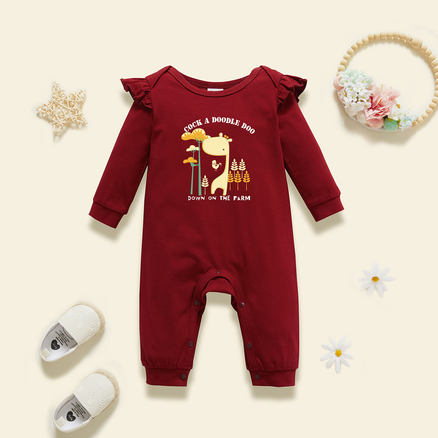 

Baby Graphic Flutter-sleeve Burgundy Long-sleeve Jumpsuit