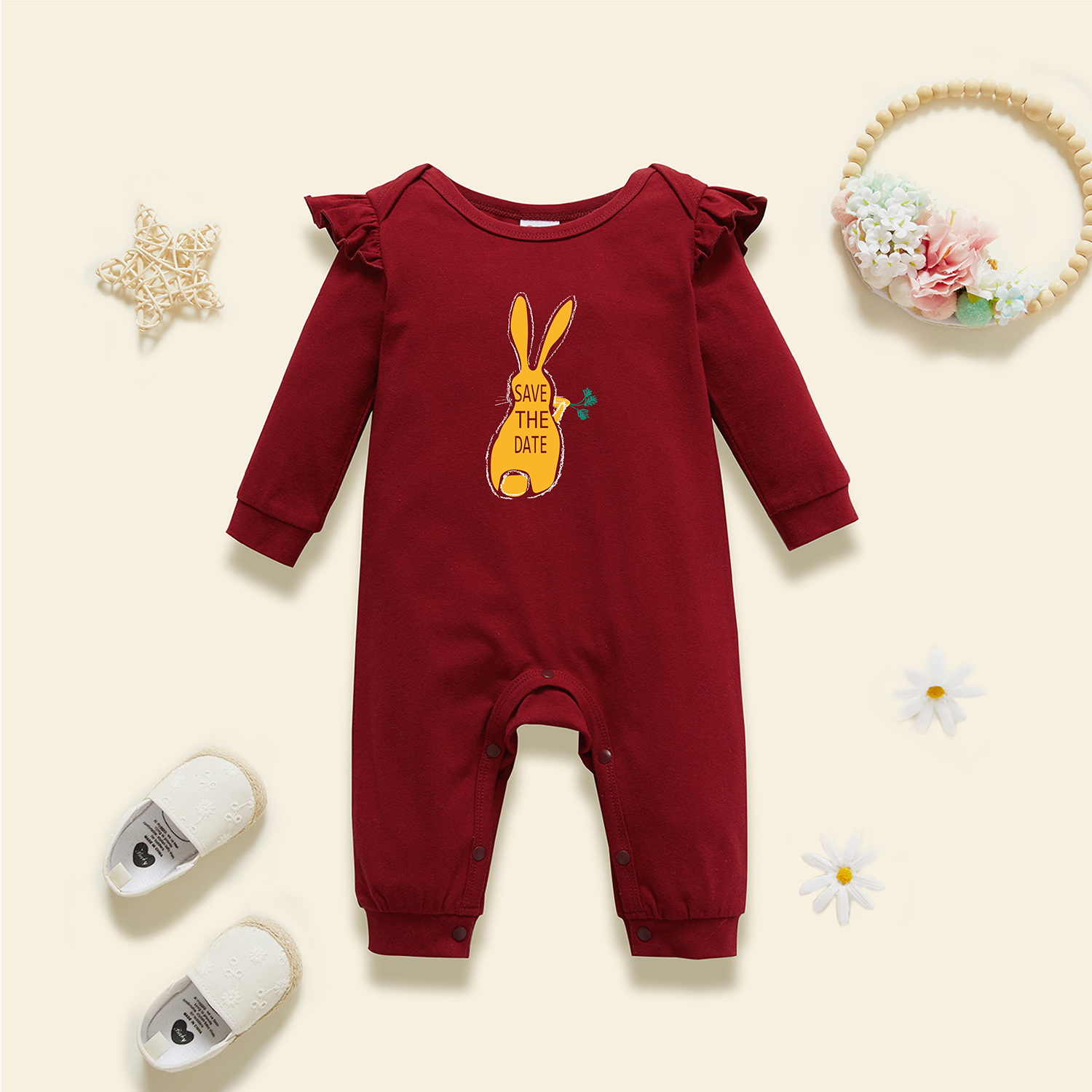 

Baby Graphic Flutter-sleeve Burgundy Long-sleeve Jumpsuit