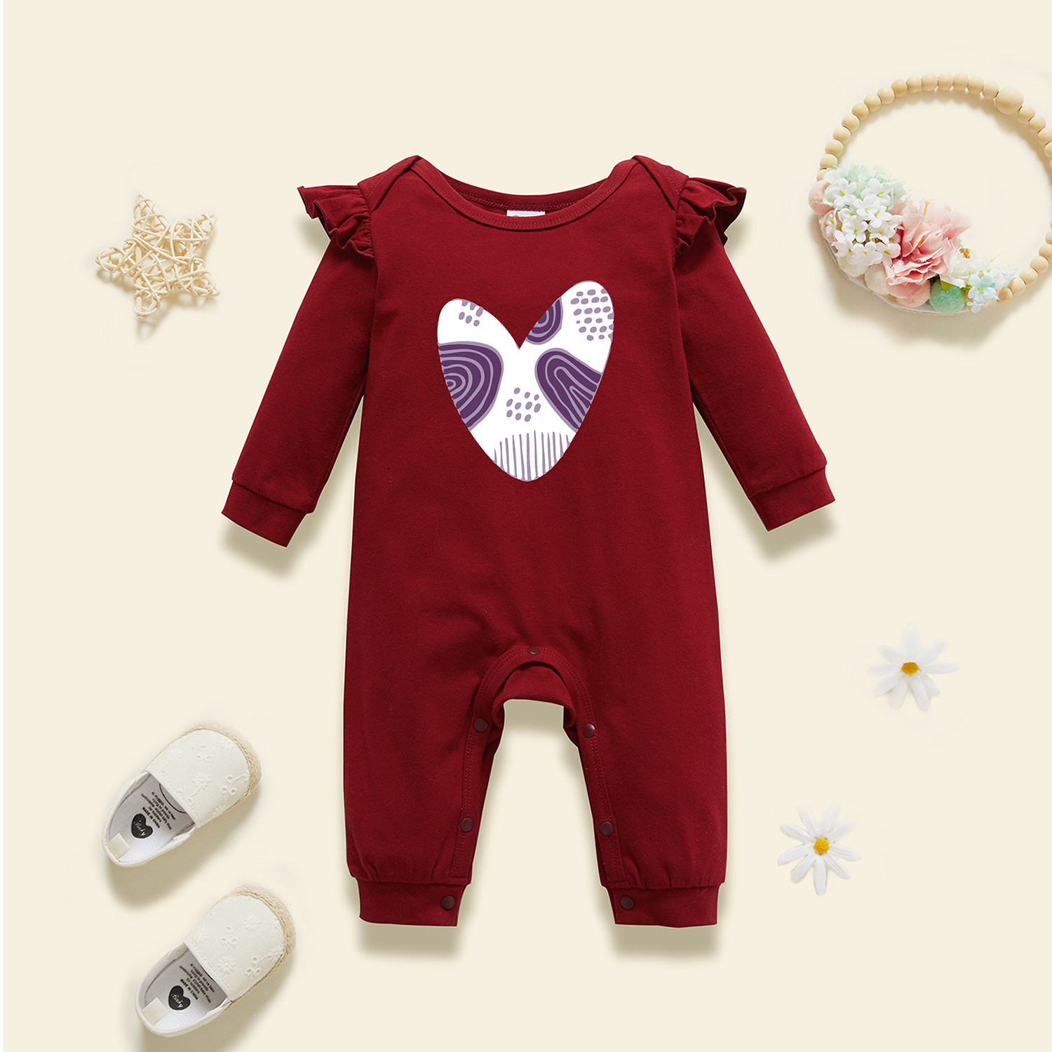 

Baby Graphic Flutter-sleeve Burgundy Long-sleeve Jumpsuit