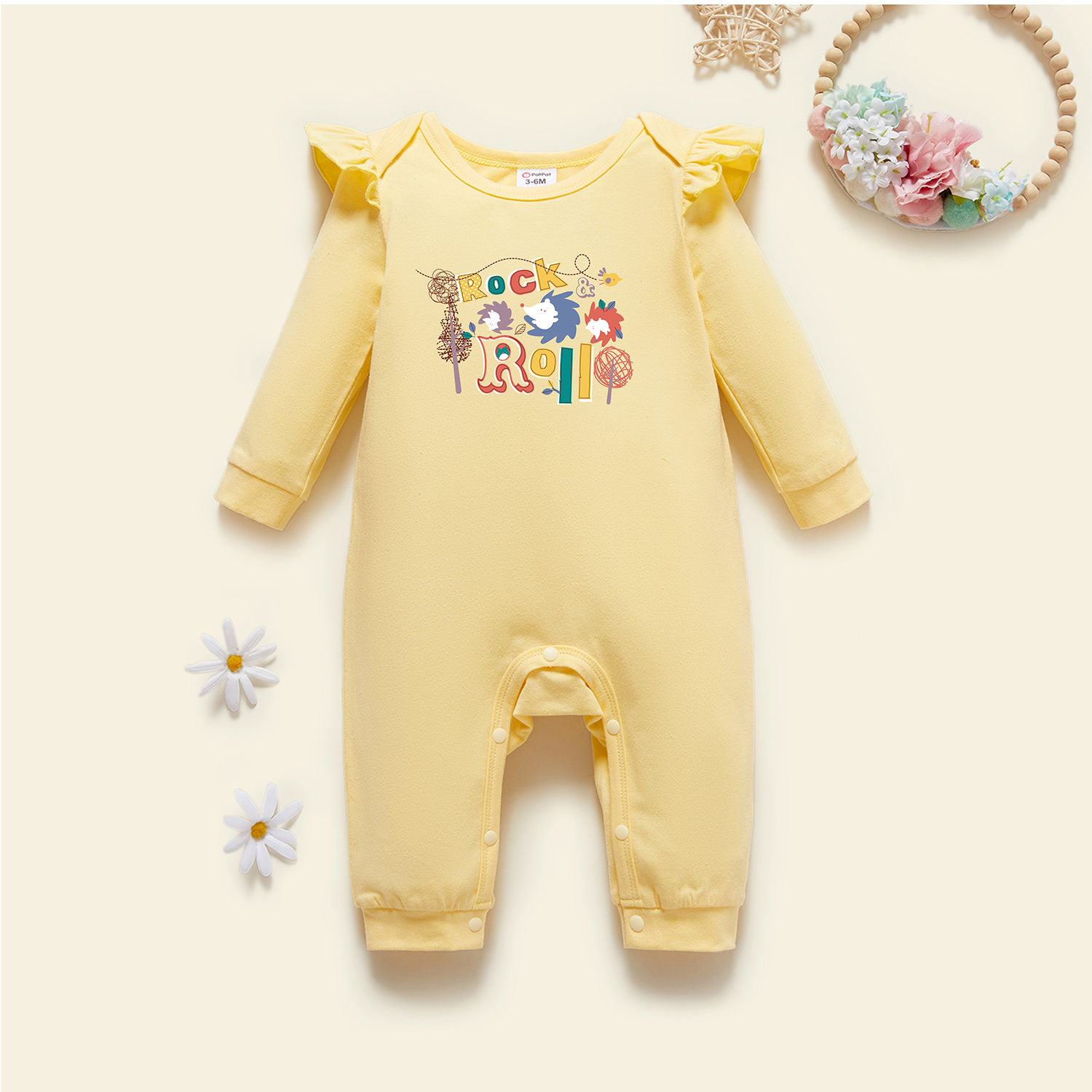 

Baby Graphic Flutter-sleeve Beige Long-sleeve Jumpsuit
