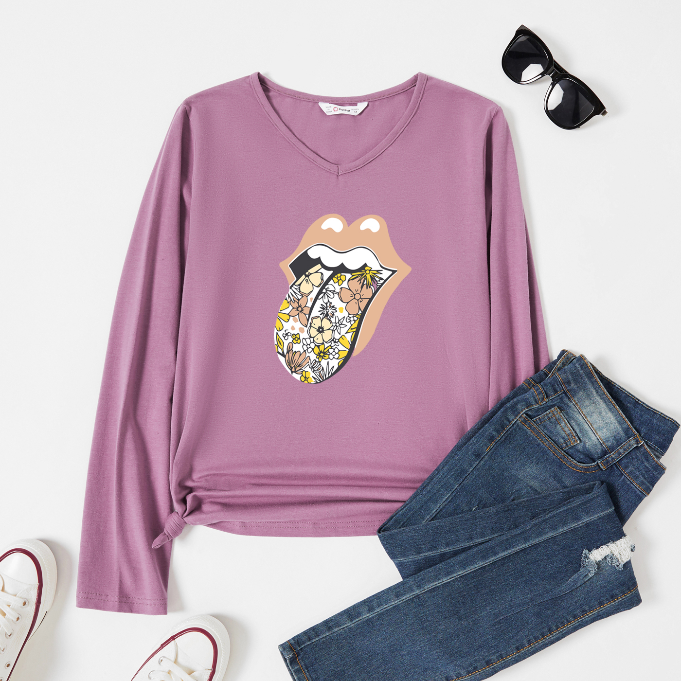 

Graphic Lavender Purple Long-sleeve V Neck Tee for Women