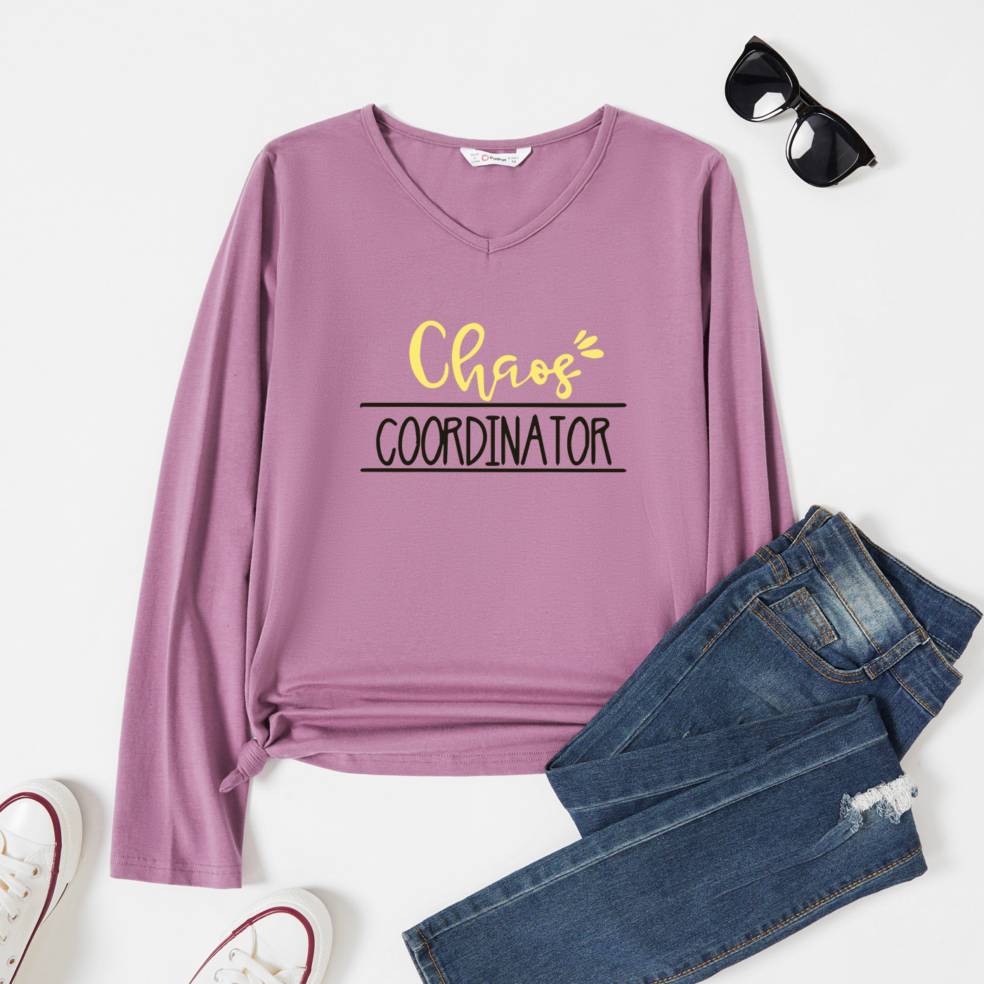 

Graphic Lavender Purple Long-sleeve V Neck Tee for Women