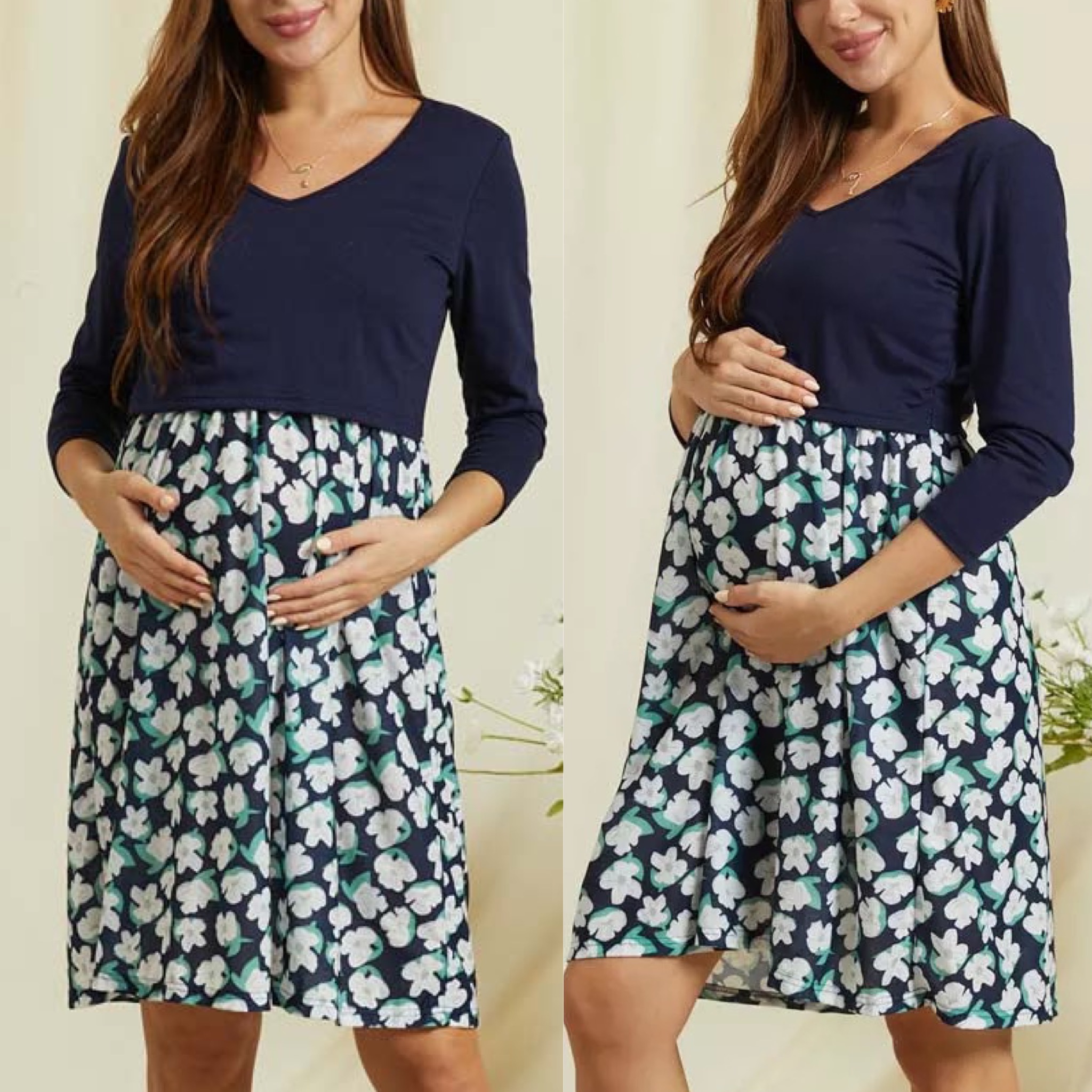 

Maternity Floral Print Round Collar Long-sleeve Women Dress