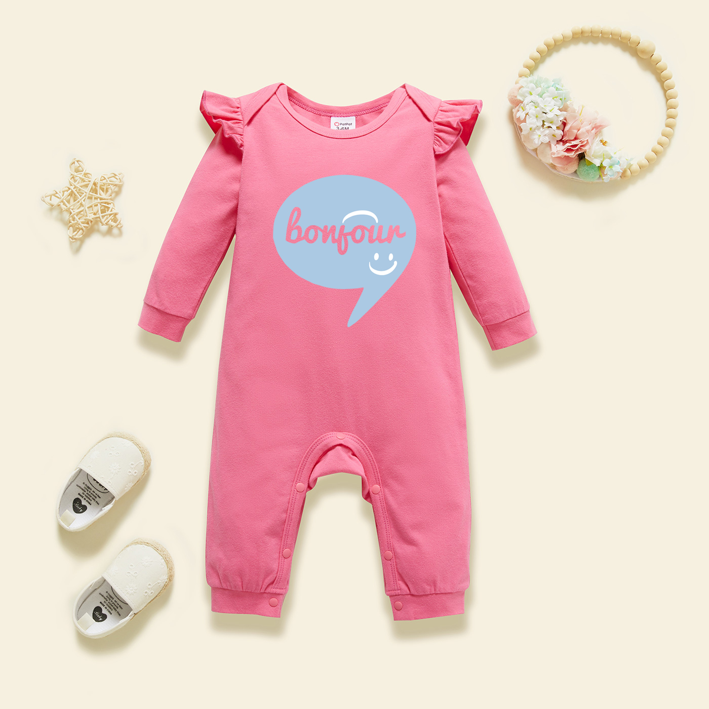 

Baby Graphic Flutter-sleeve Beige Long-sleeve Jumpsuit