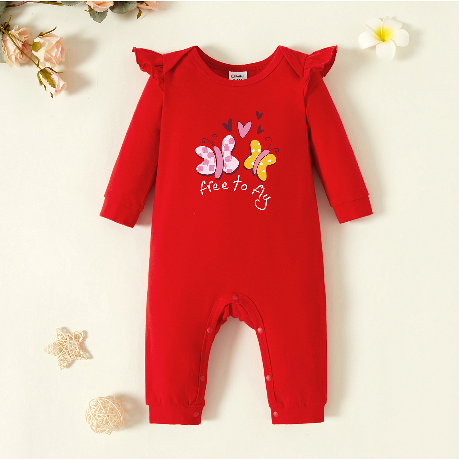 

Baby Graphic Flutter-sleeve Red Long-sleeve Jumpsuit