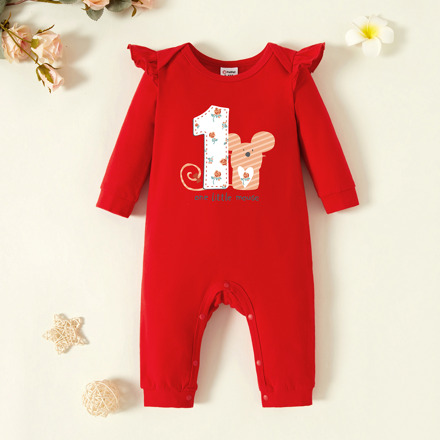 

Baby Graphic Flutter-sleeve Red Long-sleeve Jumpsuit