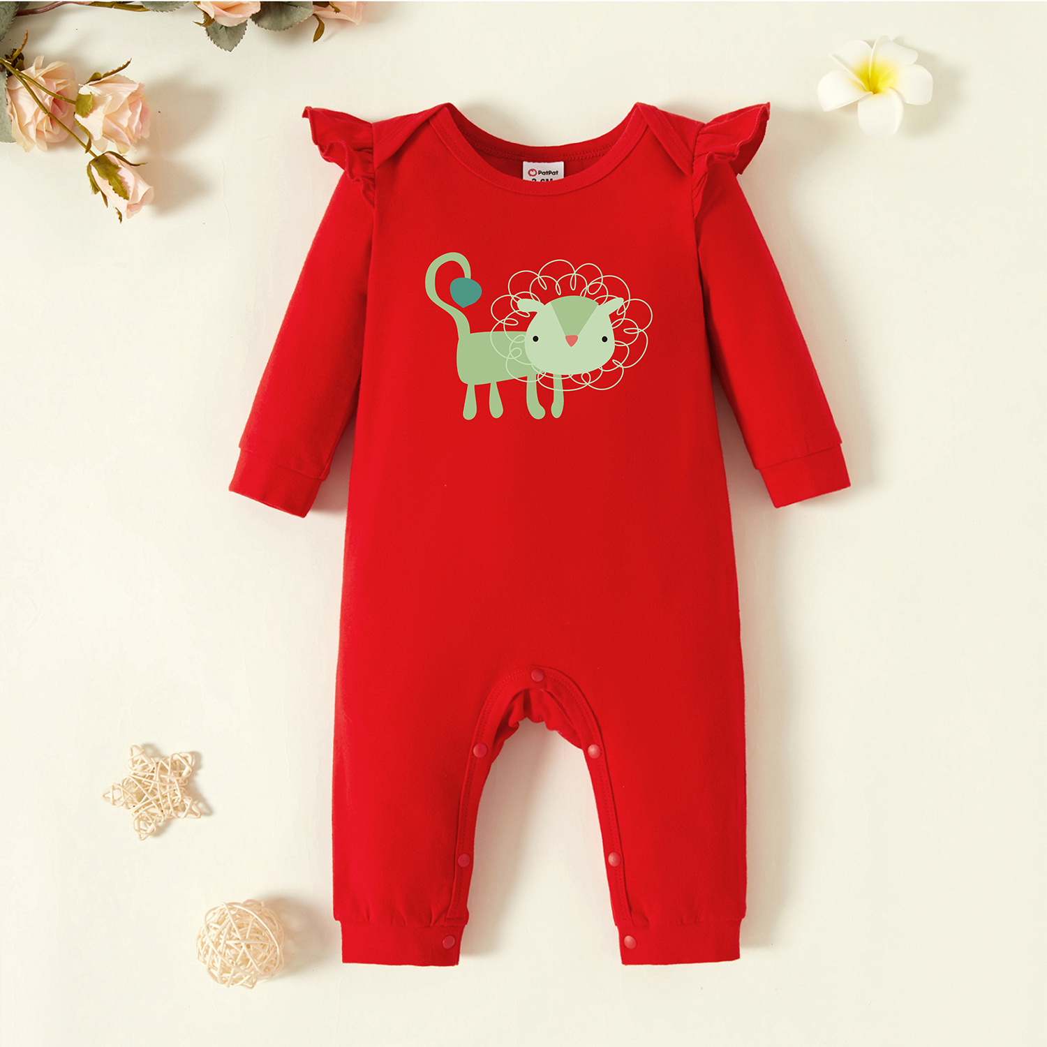 

Baby Graphic Flutter-sleeve Red Long-sleeve Jumpsuit