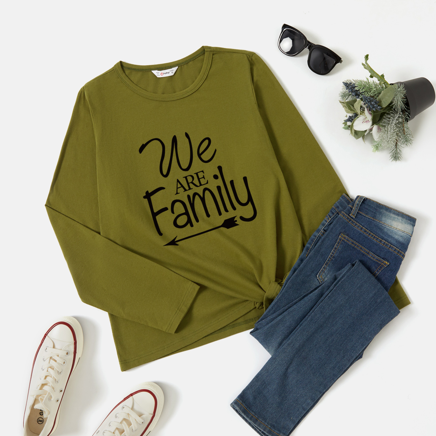 

Graphic Army green Long-sleeve Round-collar Tee for Women