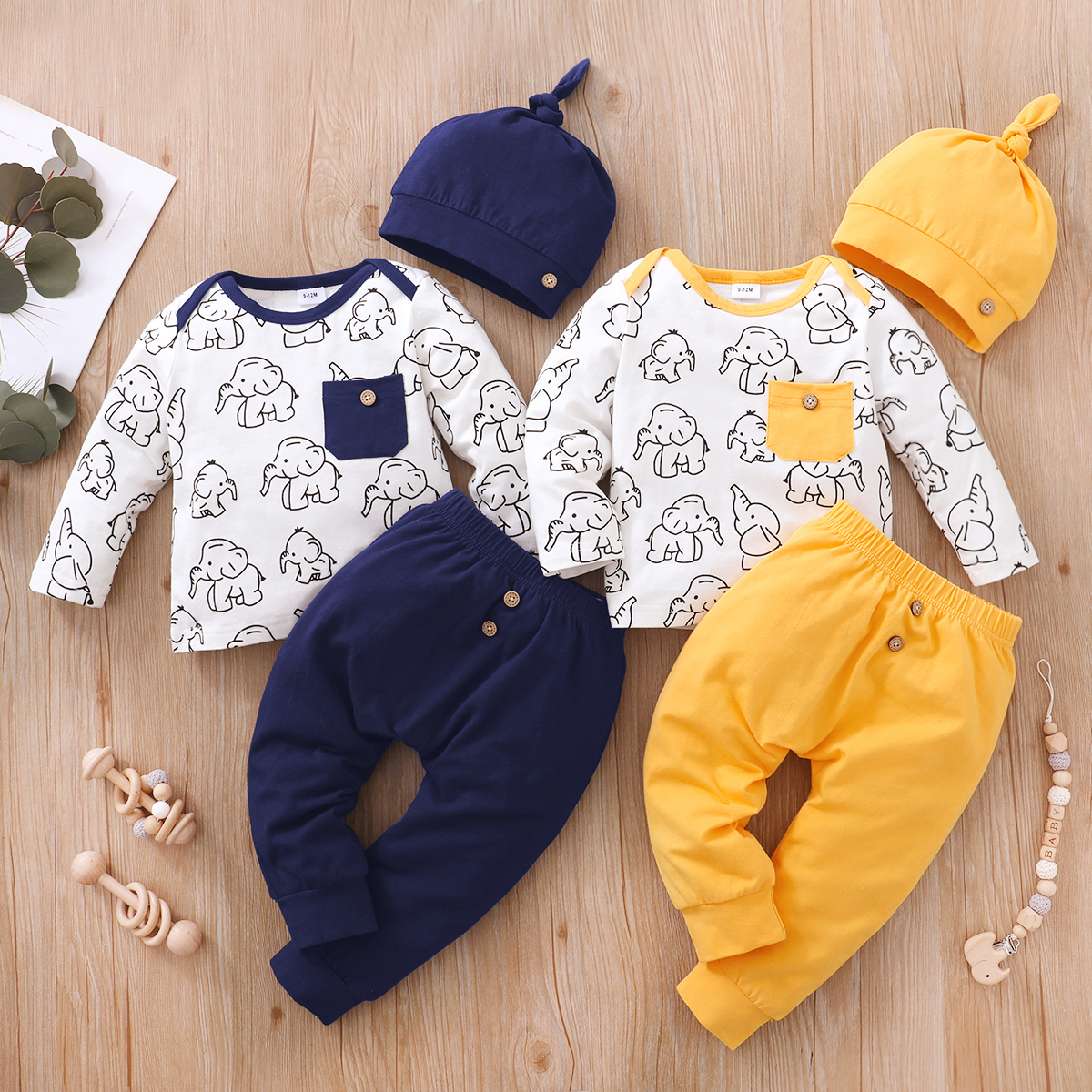 

3pcs Elephant Print Long-sleeve Set Baby Set