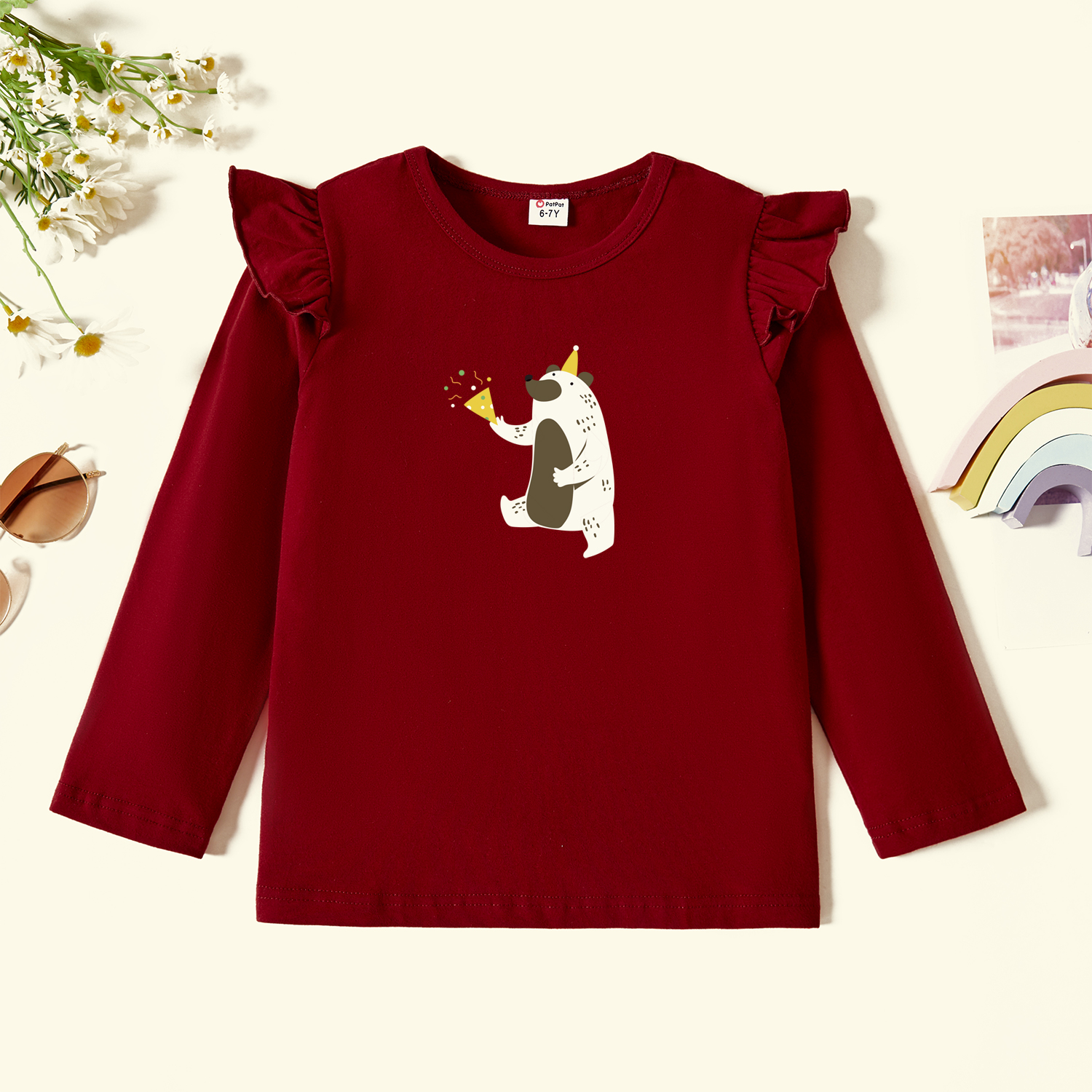

Kids Graphic Flutter-sleeve Burgundy Long-sleeve Tee