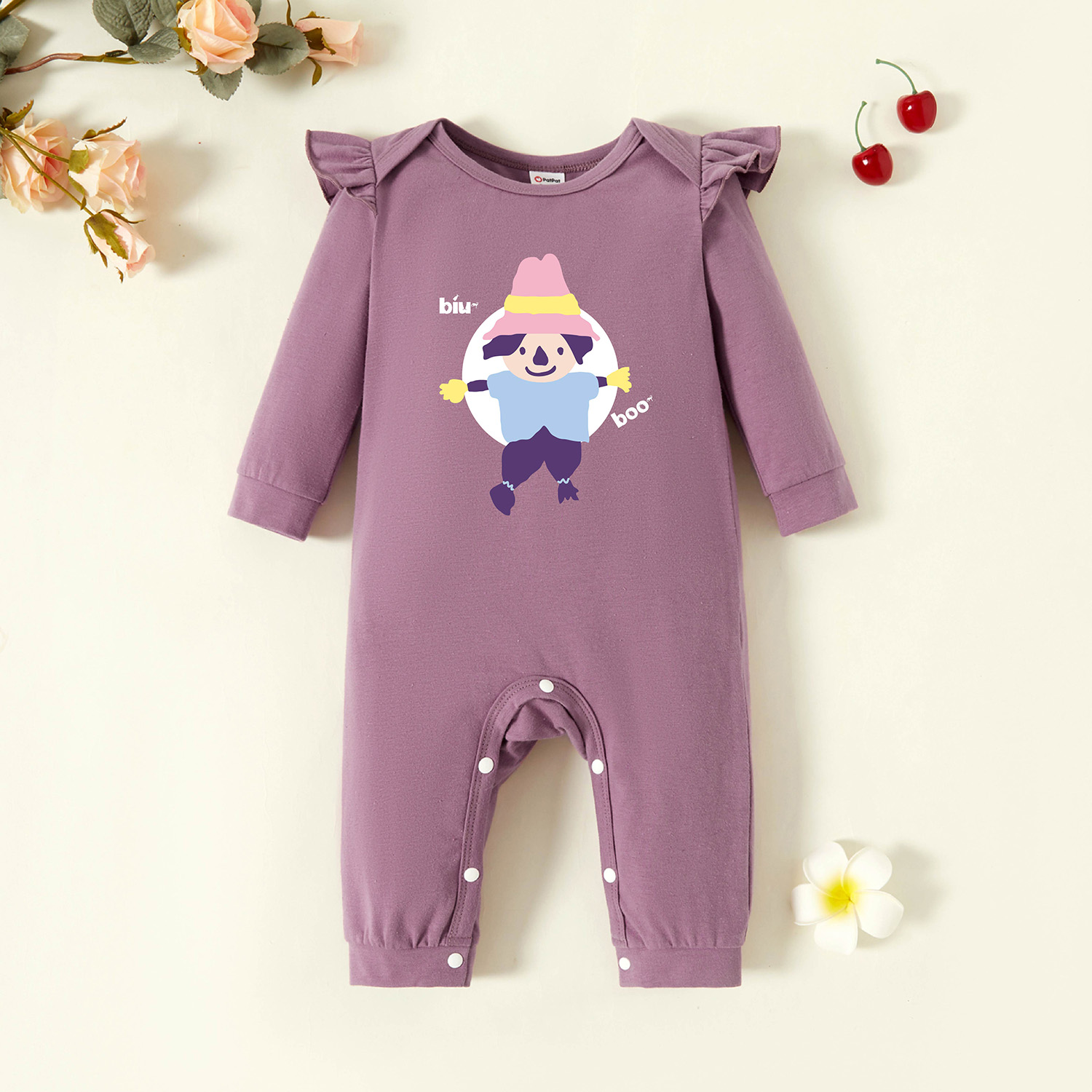 

Baby Graphic Flutter-sleeve Lavender Purple Long-sleeve Jumpsuit