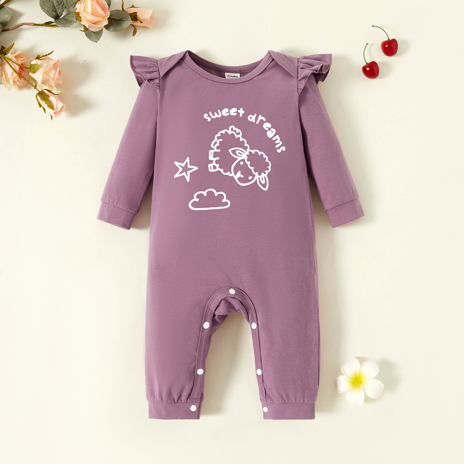 

Baby Graphic Flutter-sleeve Lavender Purple Long-sleeve Jumpsuit