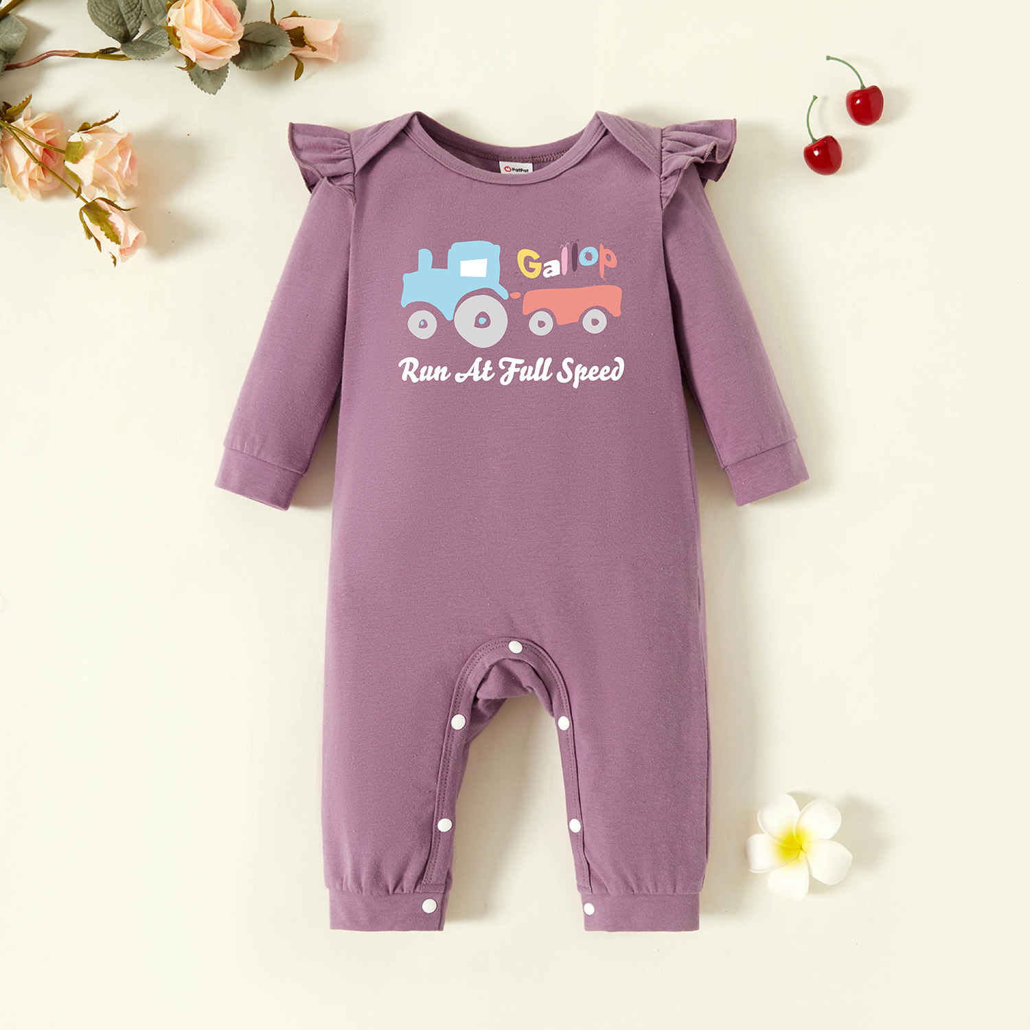 

Baby Graphic Flutter-sleeve Lavender Purple Long-sleeve Jumpsuit