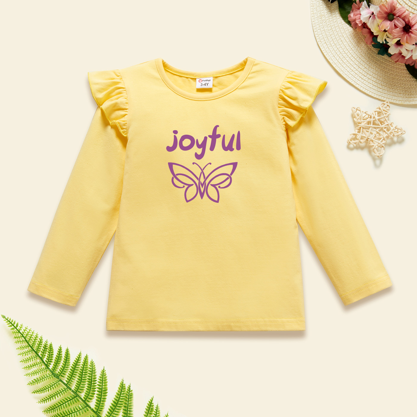 

Toddler Graphic Flutter-sleeve Beige Long-sleeve Tee