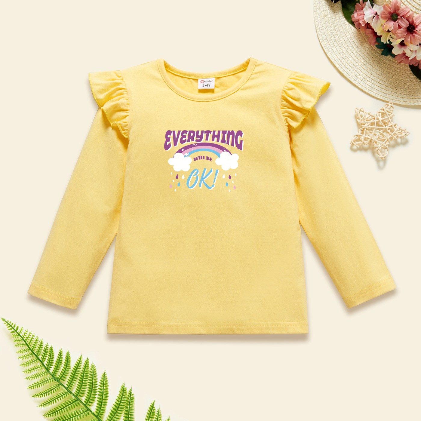 

Toddler Graphic Flutter-sleeve Beige Long-sleeve Tee