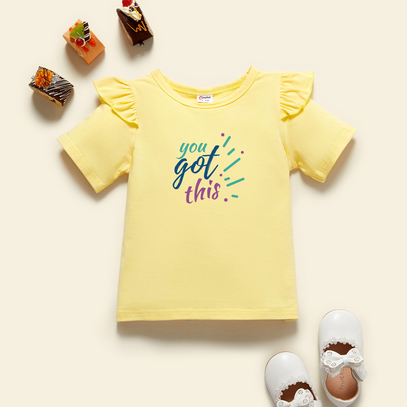 

Toddler Graphic Flutter-sleeve Beige Short-sleeve Tee