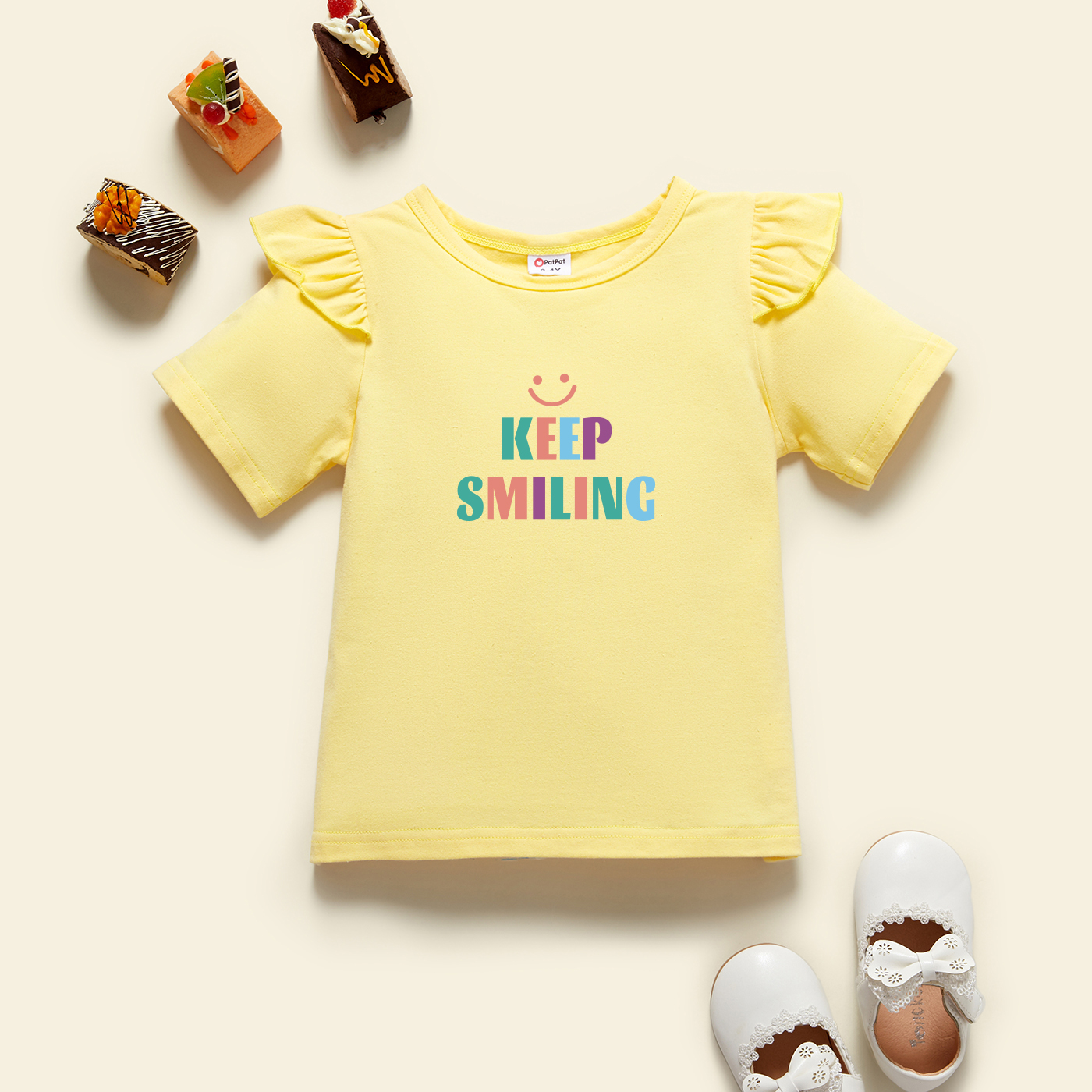 

Toddler Graphic Flutter-sleeve Beige Short-sleeve Tee