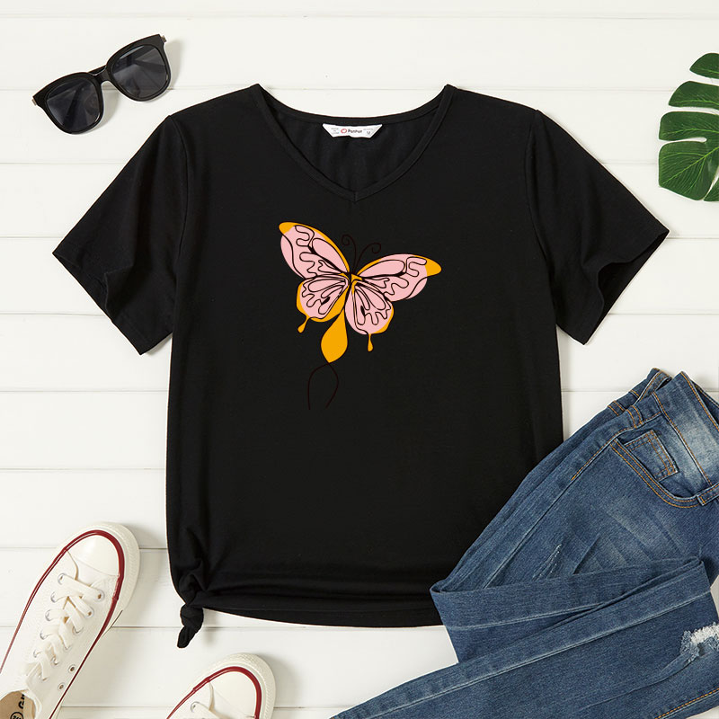 

Women Graphic Butterfly Print V Neck Short-sleeve Tee