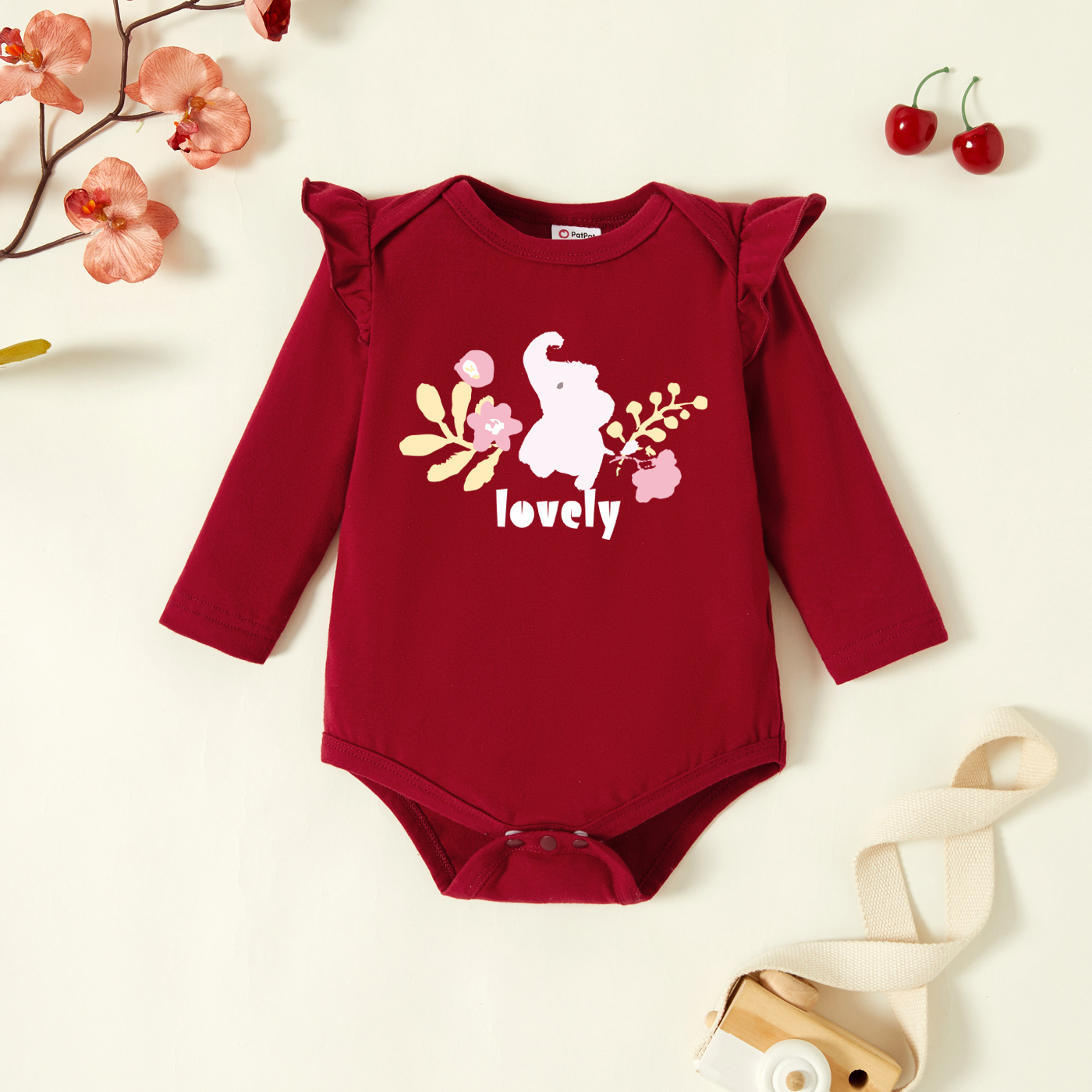 

Baby Graphic Flutter-sleeve Burgundy Long-sleeve Romper