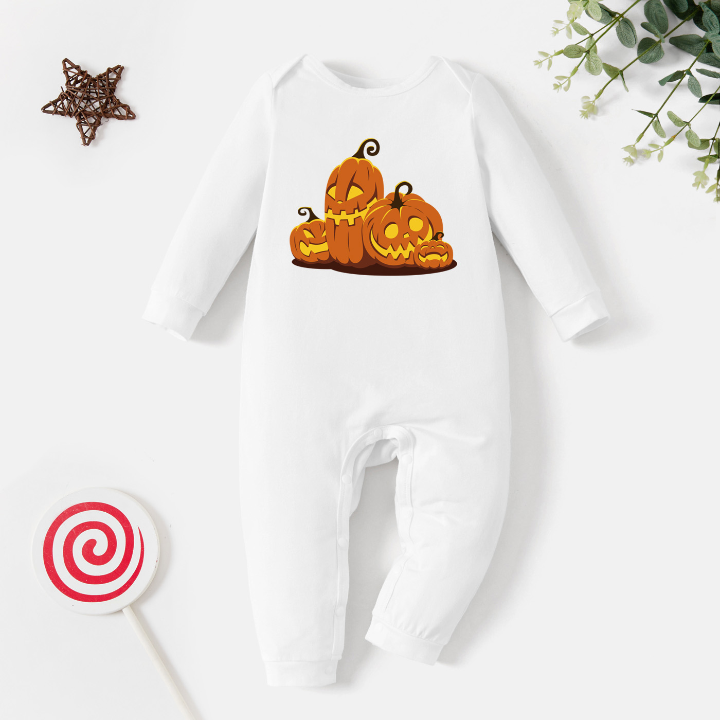 

Halloween Baby Graphic Pumpkin Print Long-sleeve Jumpsuit