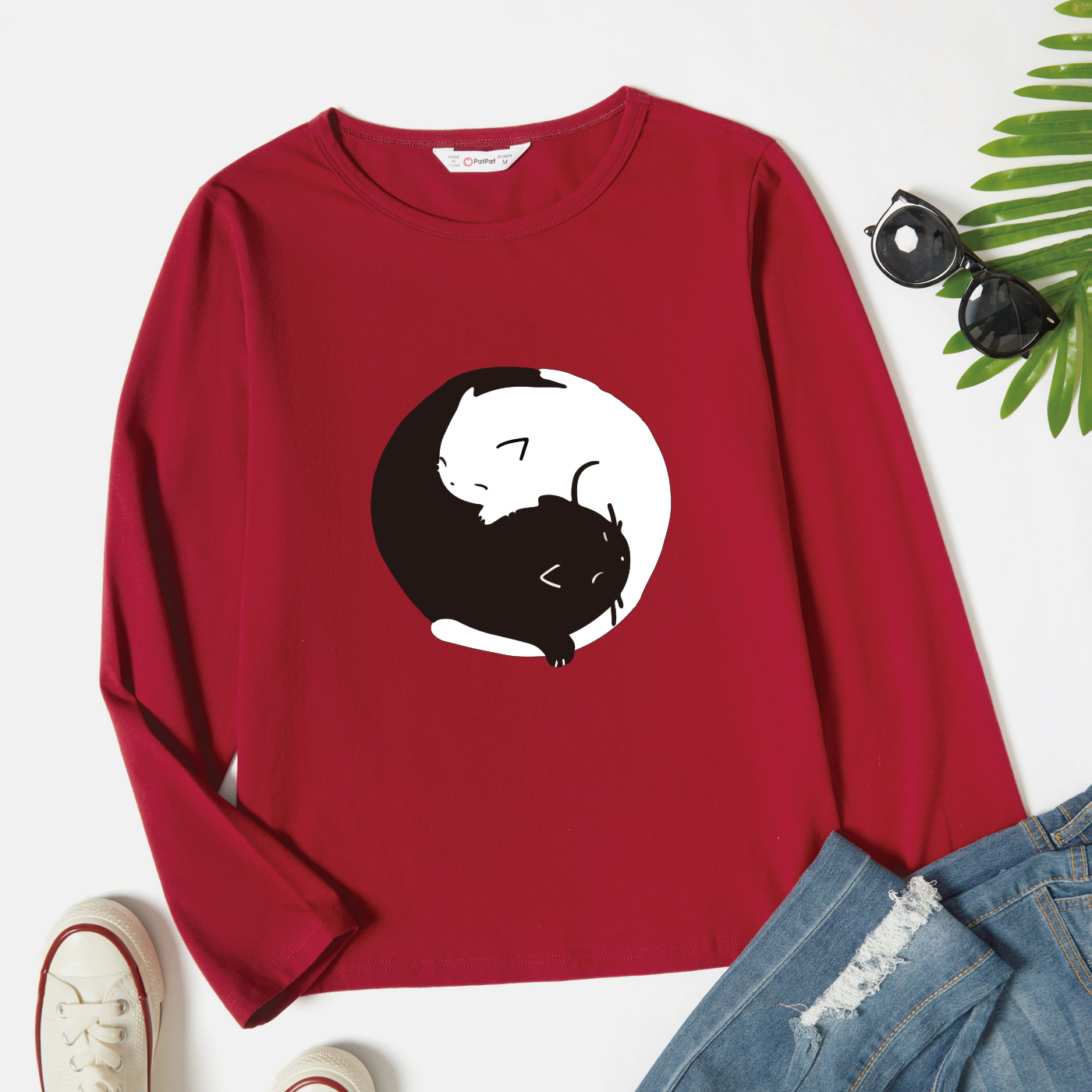 

Graphic Burgundy Long-sleeve Round-collar Tee for Women