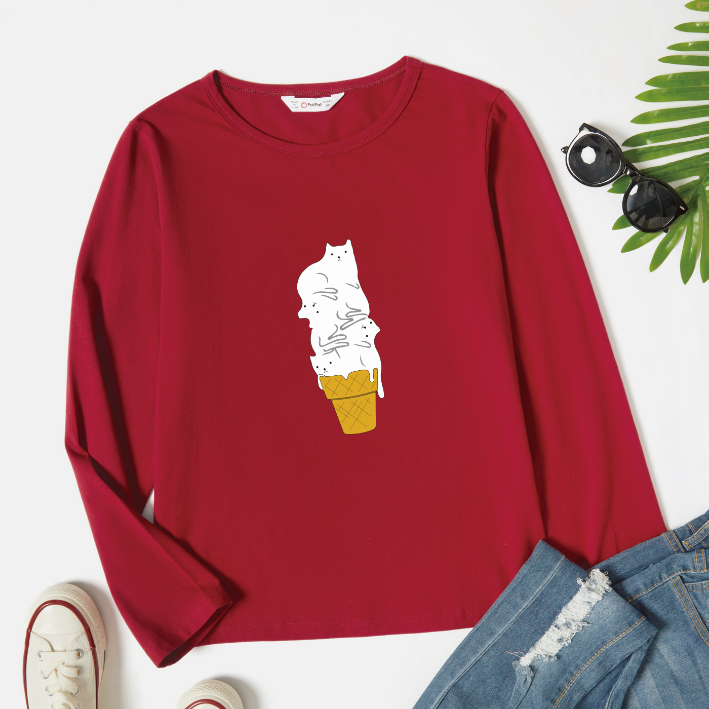 

Graphic Burgundy Long-sleeve Round-collar Tee for Women