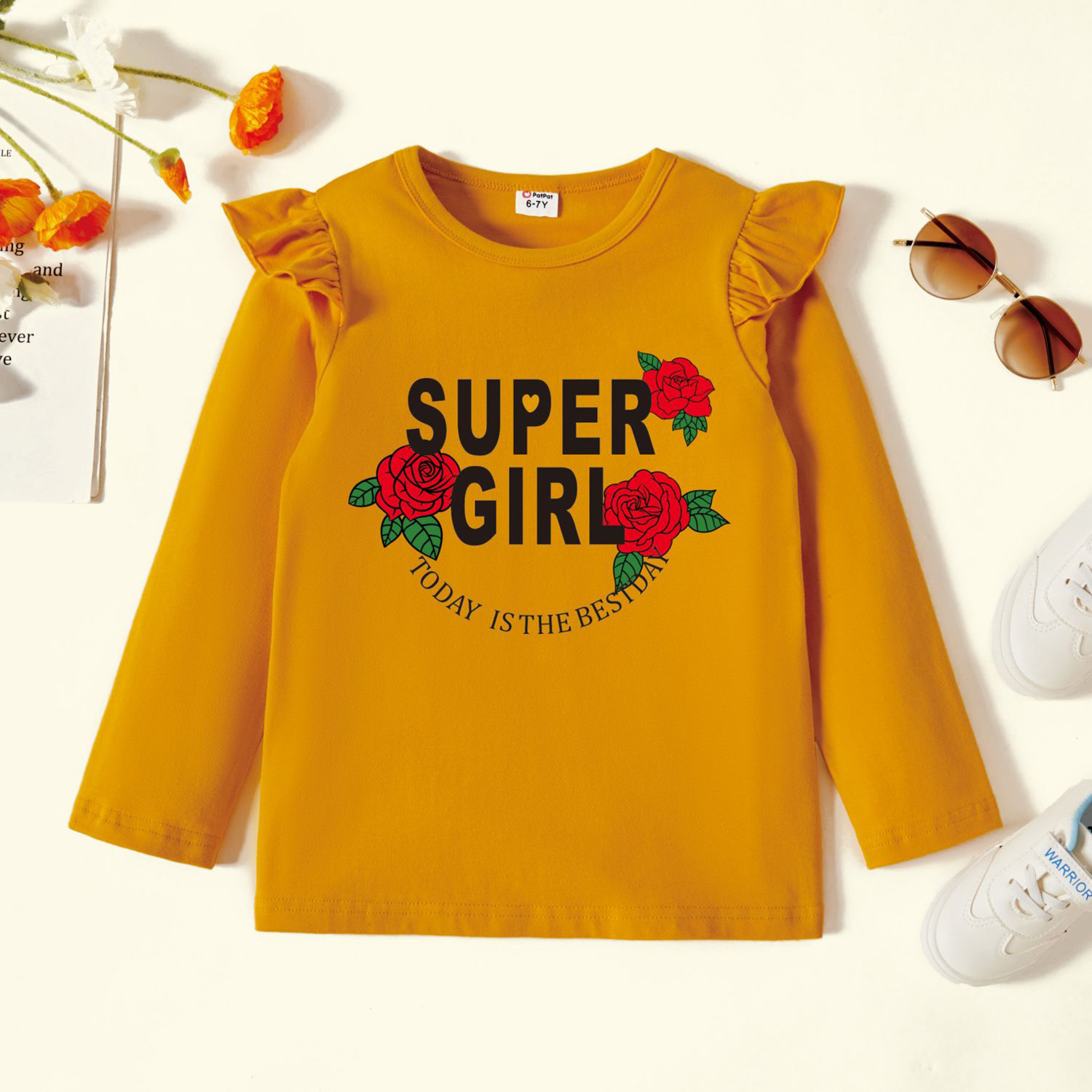 

Kid Girl Graphic Rose and Letter Print Ruffled Long-sleeve Tee
