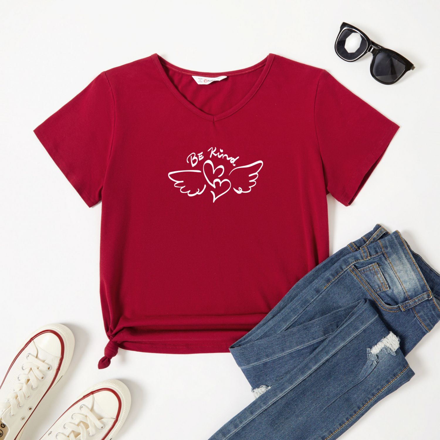 

Graphic Burgundy Short-sleeve V Neck Tee for Women