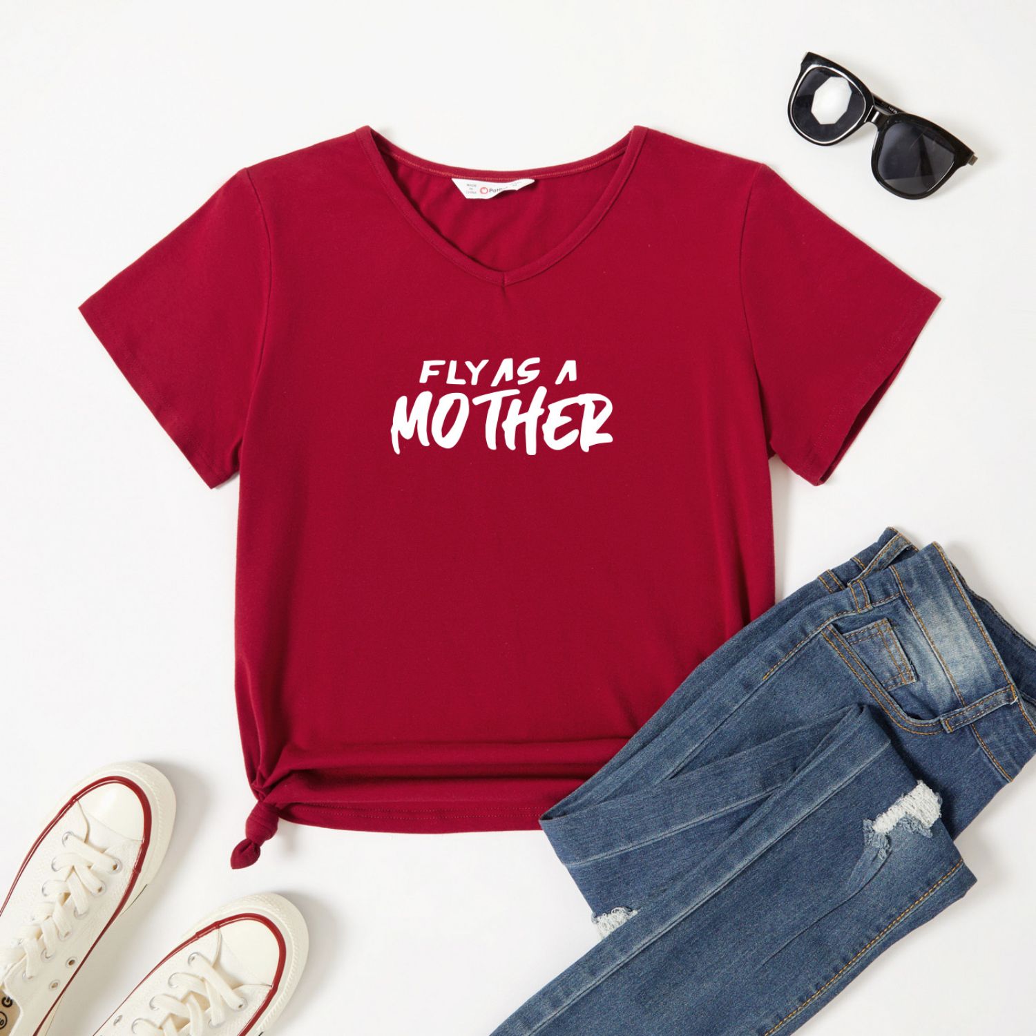 

Graphic Burgundy Short-sleeve V Neck Tee for Women