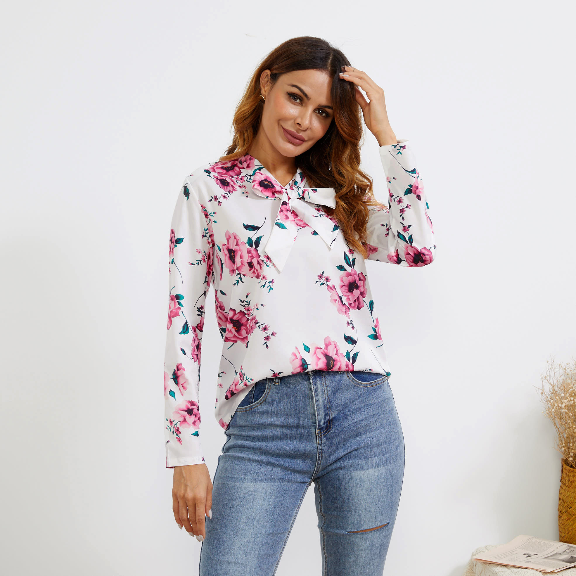 

Floral Print Stand Collar Long-sleeve Women Shirt