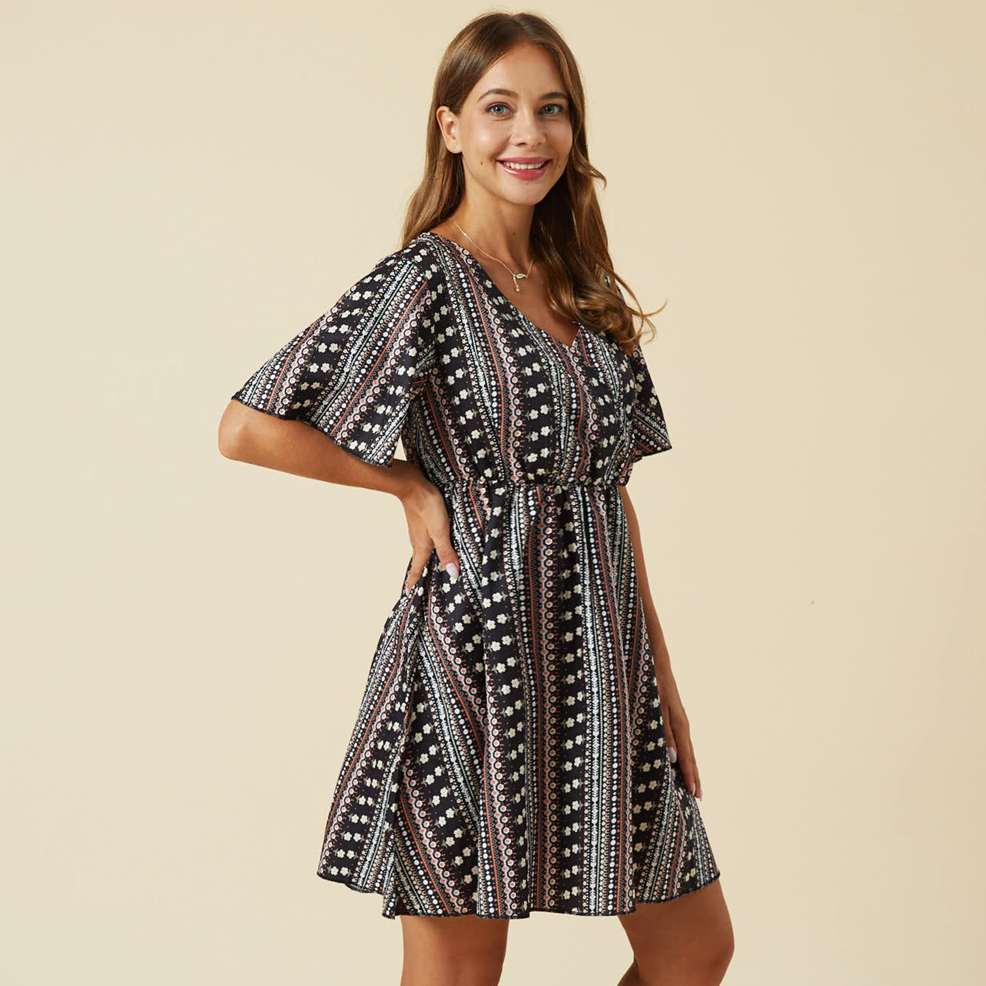 

Geometric Print V-neck Women Midi Dress