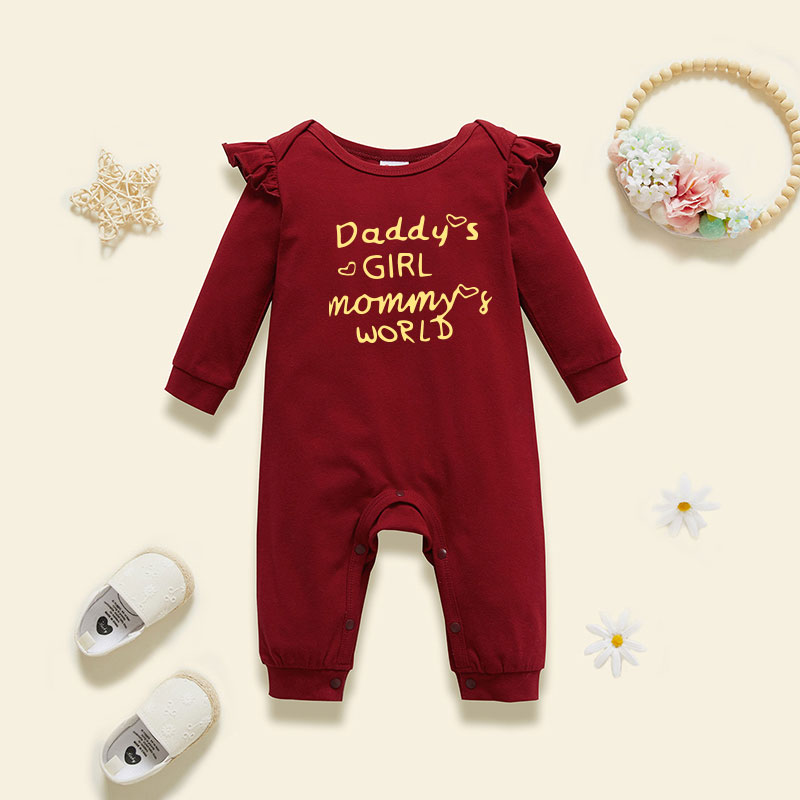 

Baby Girl Graphic Letter and Heart Print Ruffled Long-sleeve Jumpsuit
