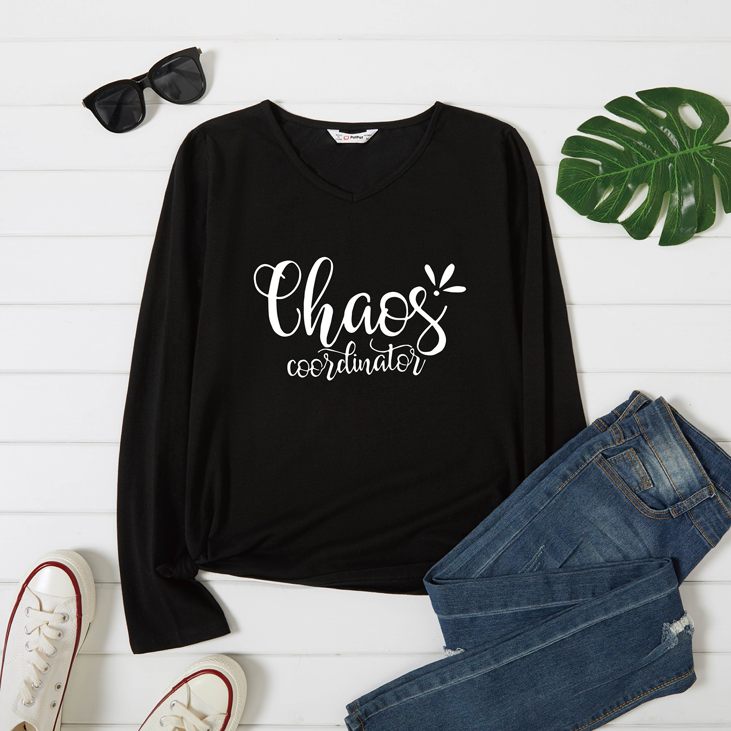 

Women Graphic Letter Print V Neck Long-sleeve Tee