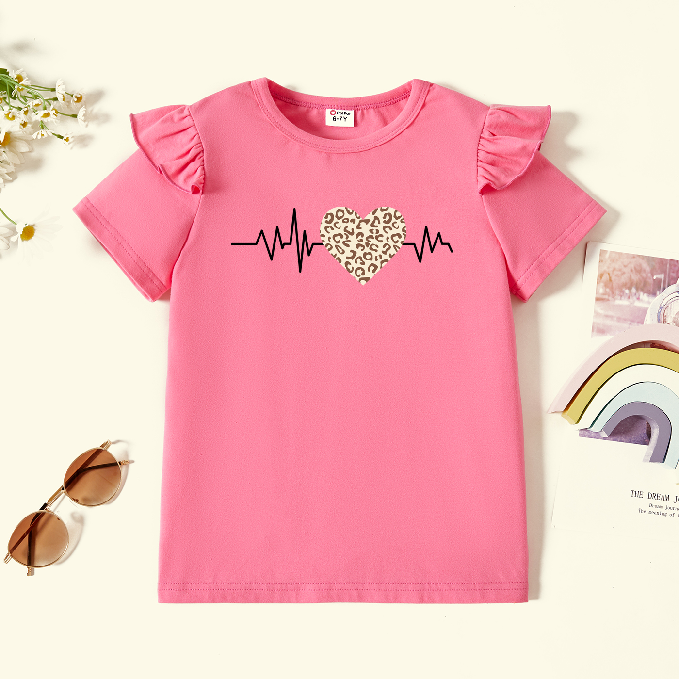 

Kid Girl Graphic Heart and Leopard Print Ruffled Short-sleeve Tee