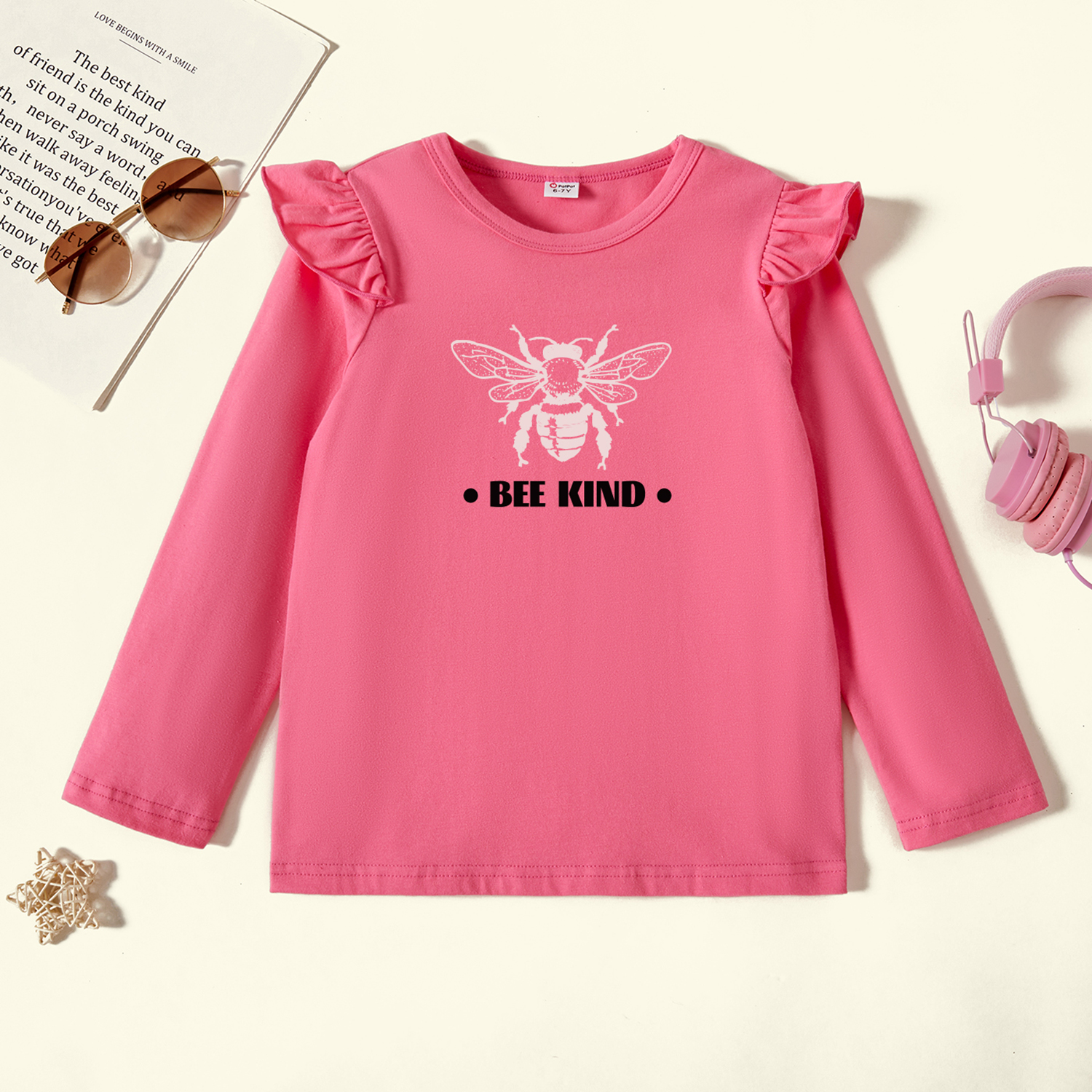 

Kids Graphic Flutter-sleeve Deep Pink Long-sleeve Tee