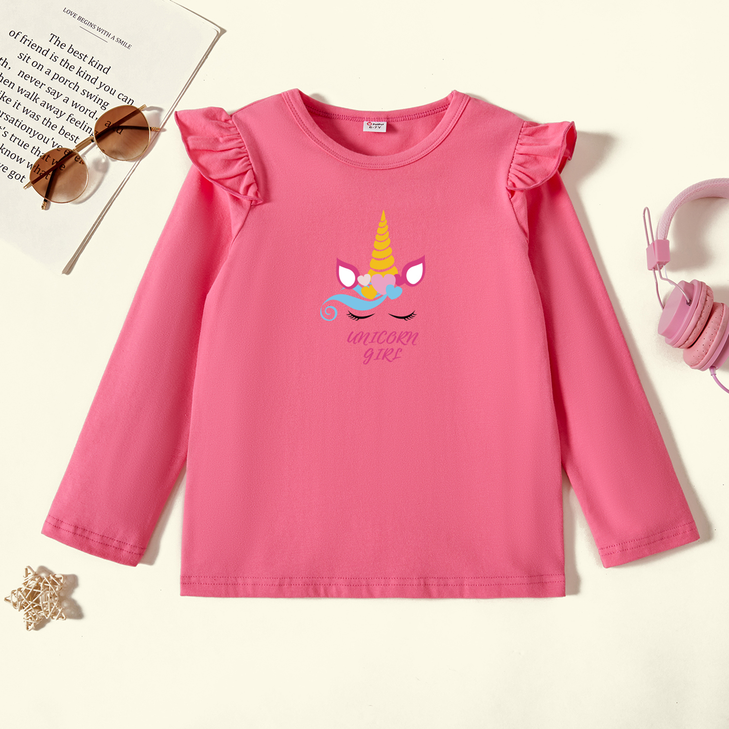 

Kids Graphic Flutter-sleeve Deep Pink Long-sleeve Tee