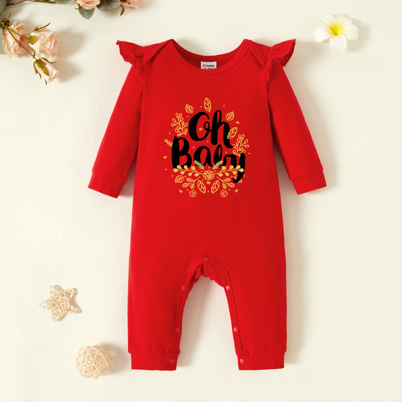 

Baby Graphic Flutter-sleeve Red Long-sleeve Jumpsuit