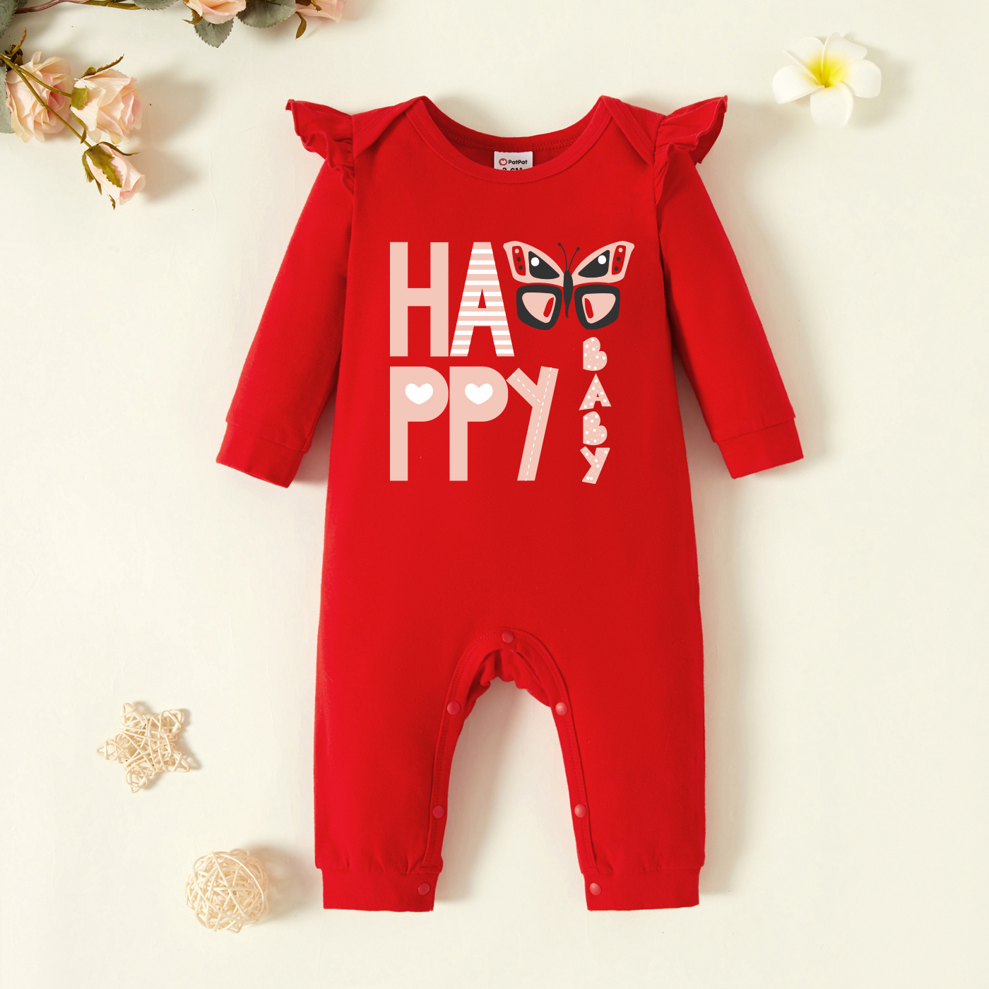

Baby Graphic Flutter-sleeve Red Long-sleeve Jumpsuit